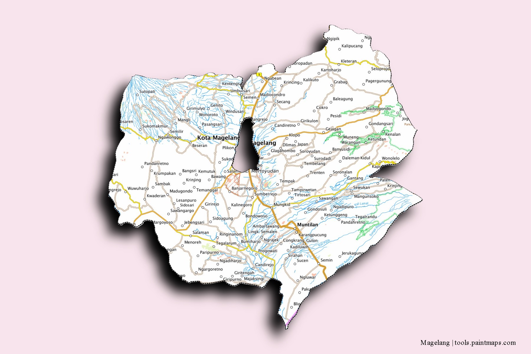 Mapa de barrios y pueblos de Magelang con efecto de sombra 3D