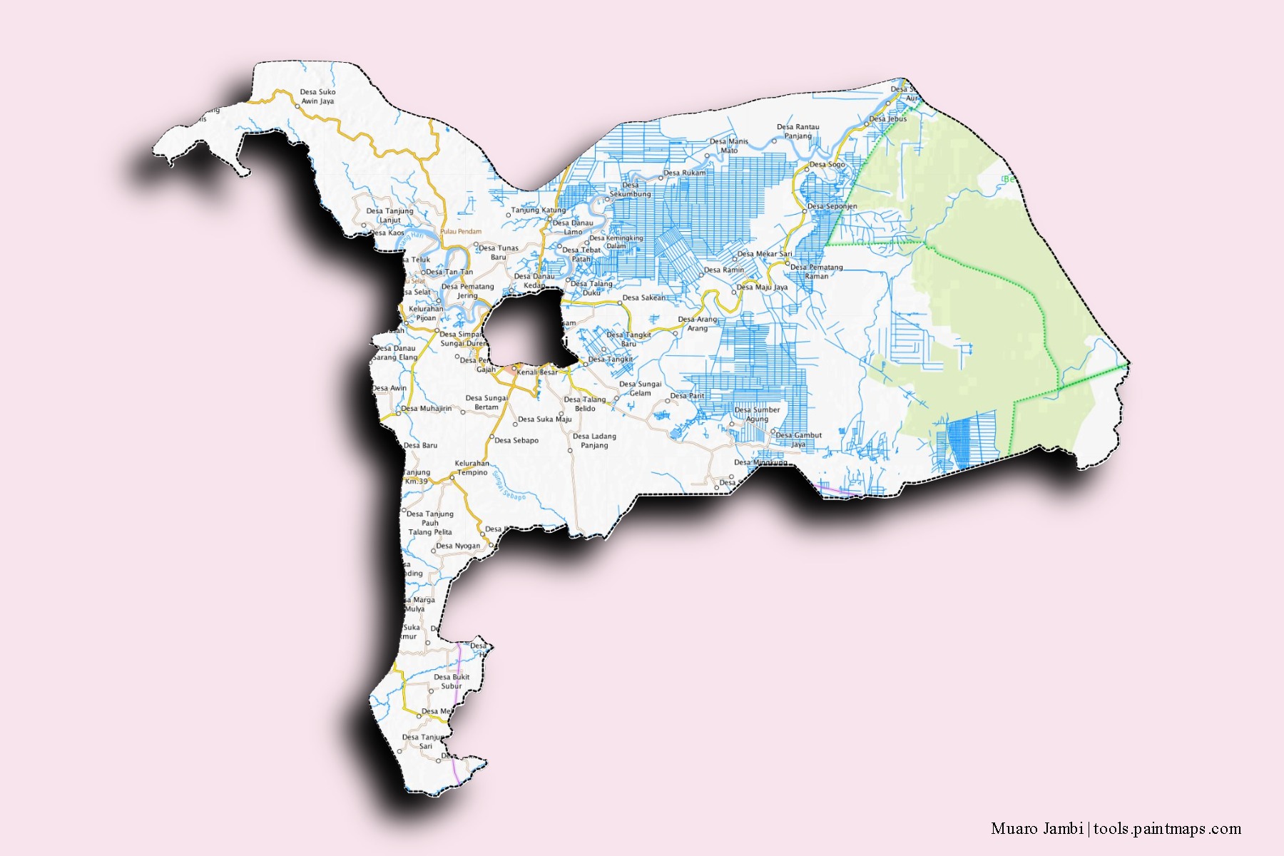 Muaro Jambi neighborhoods and villages map with 3D shadow effect