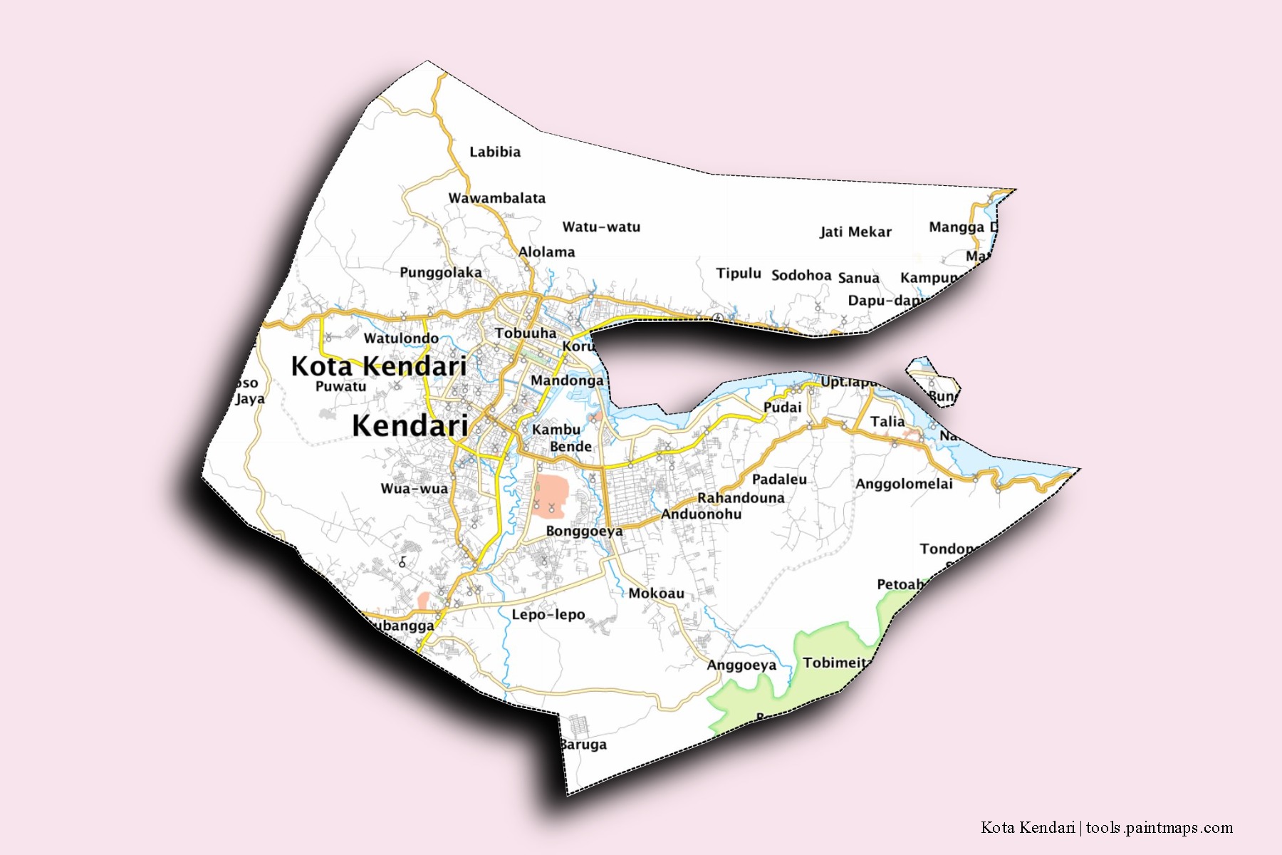 Kota Kendari neighborhoods and villages map with 3D shadow effect