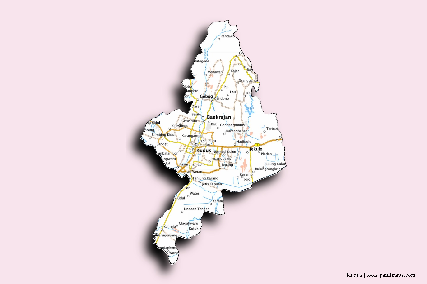 Mapa de barrios y pueblos de Kudus con efecto de sombra 3D