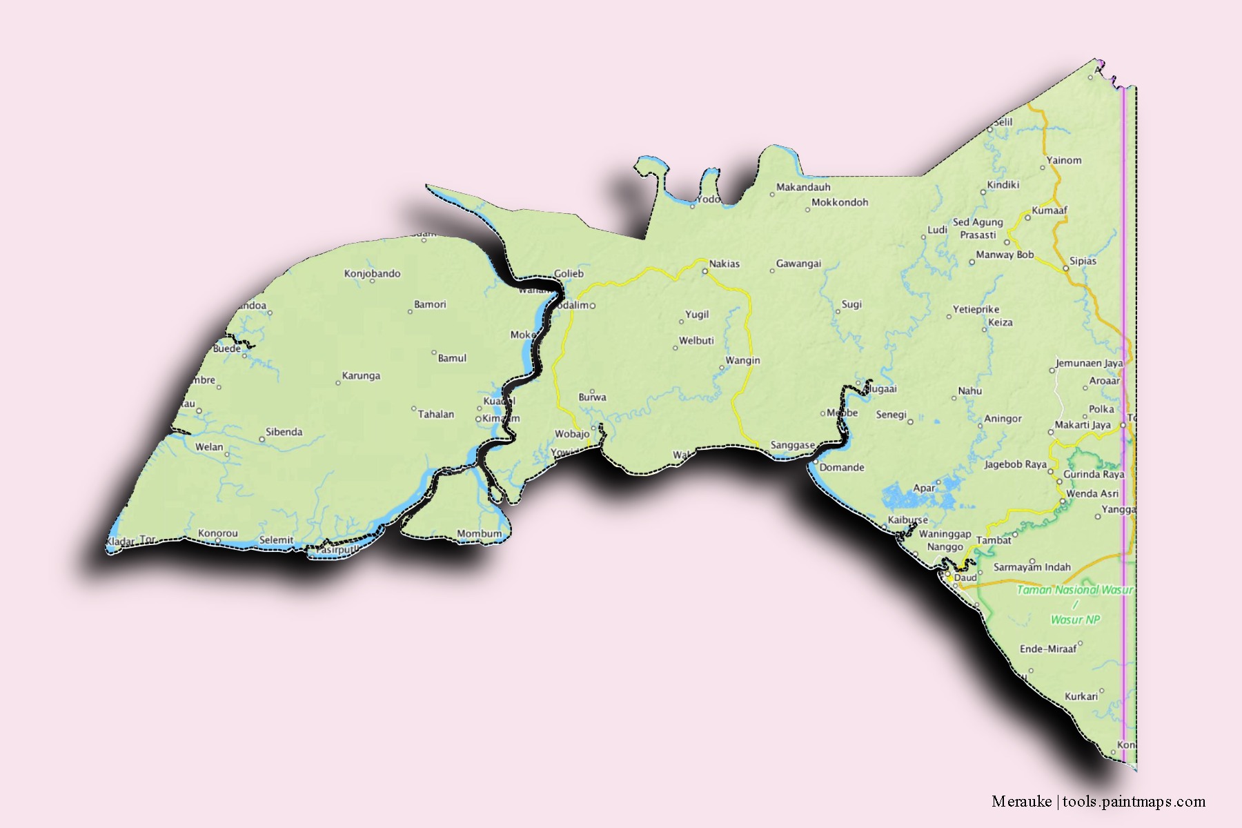 Merauke neighborhoods and villages map with 3D shadow effect