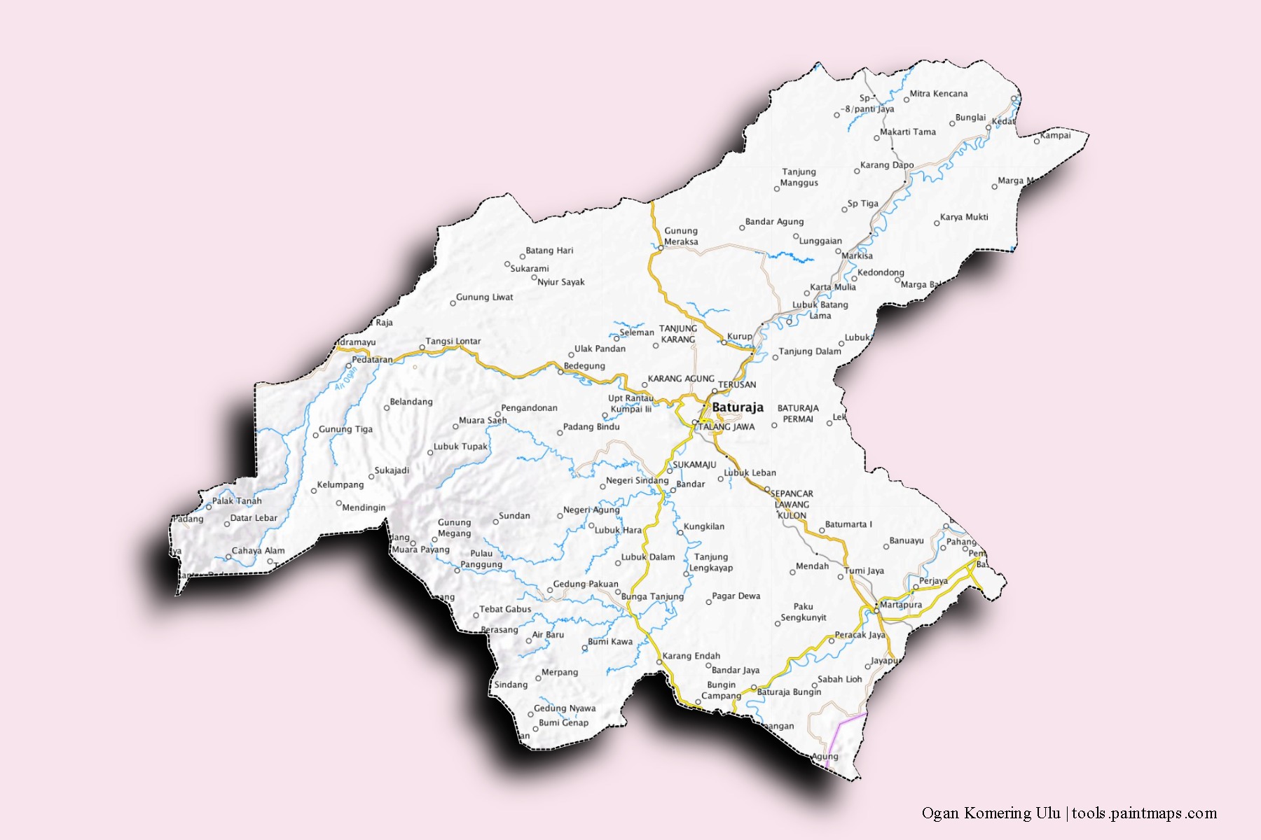 Mapa de barrios y pueblos de Ogan Komering Ulu con efecto de sombra 3D