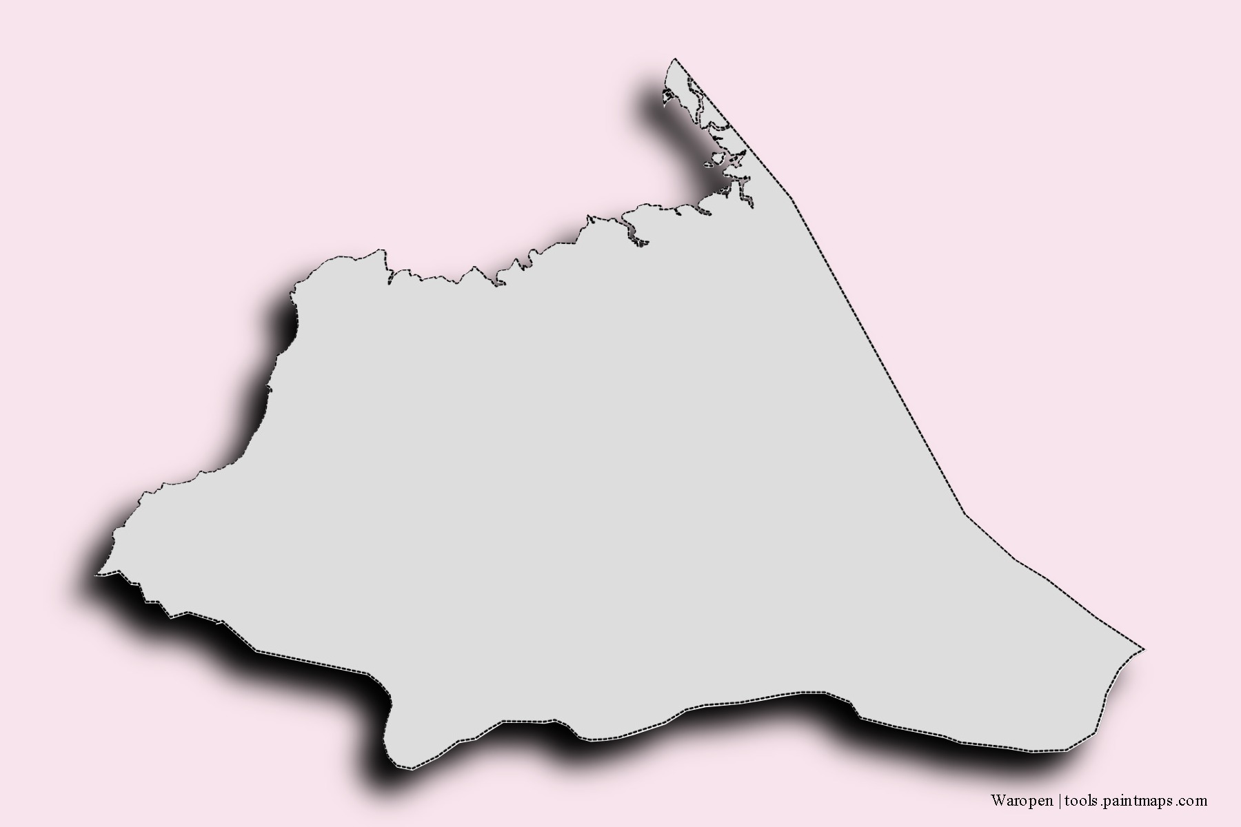 Mapa de barrios y pueblos de Waropen con efecto de sombra 3D