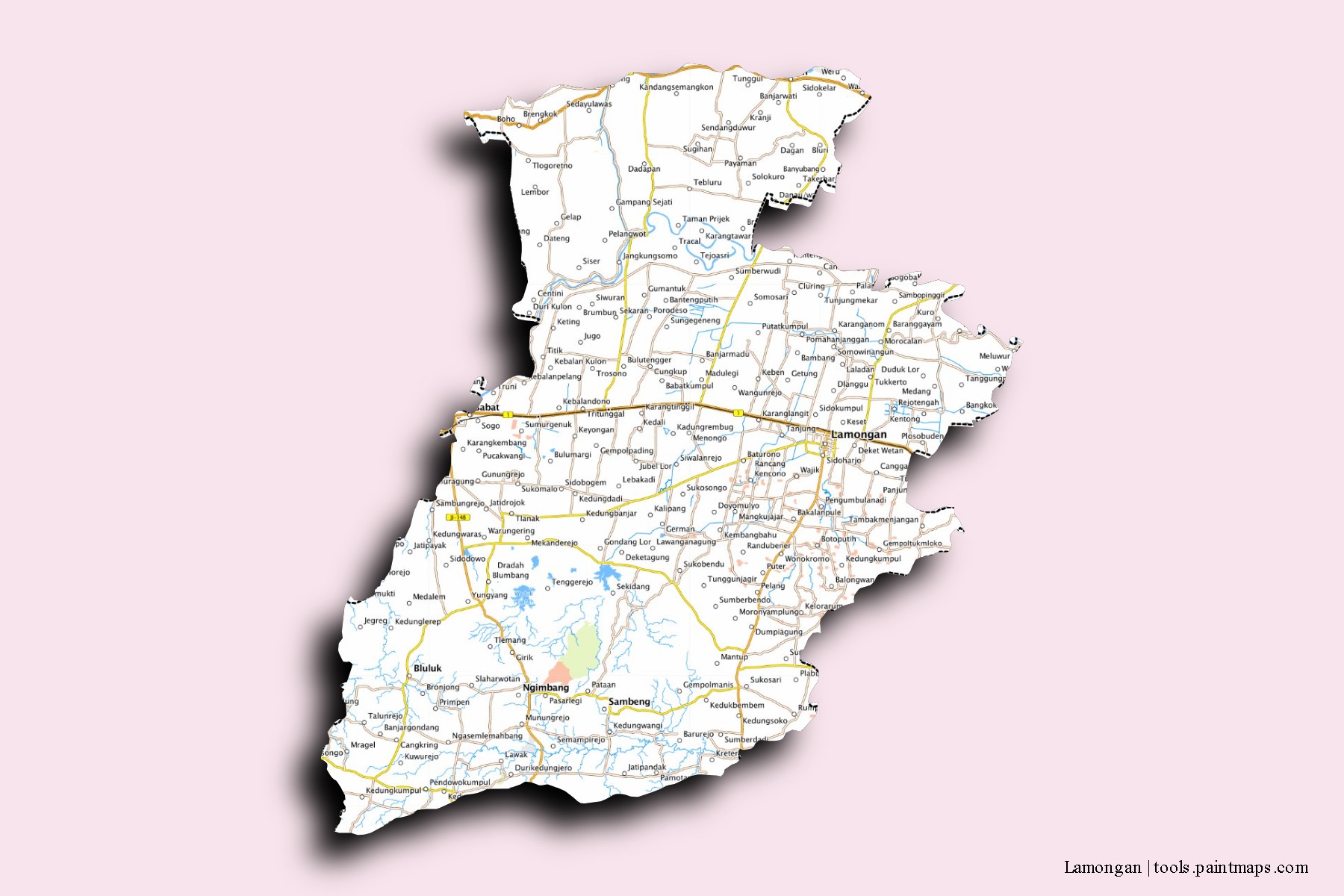 Mapa de barrios y pueblos de Lamongan con efecto de sombra 3D