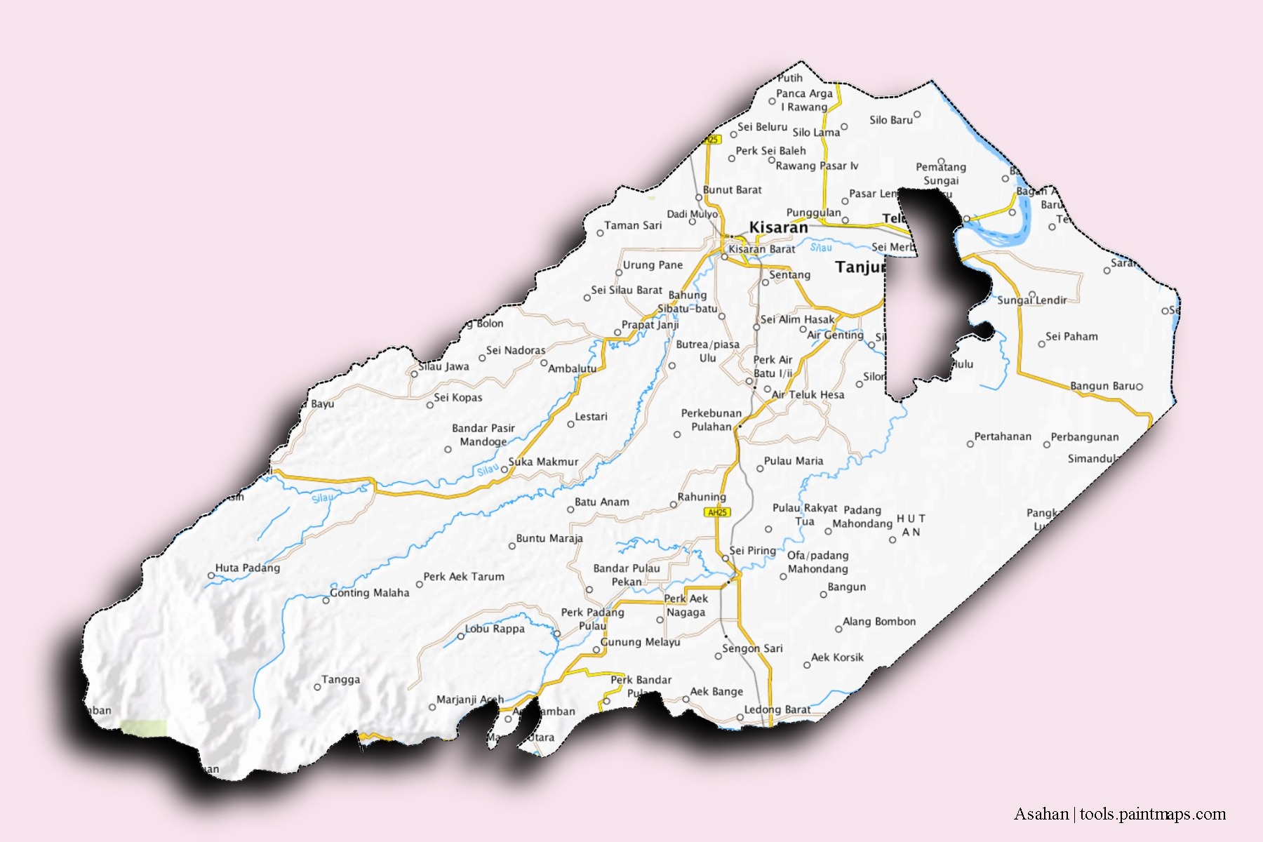 Mapa de barrios y pueblos de Asahan con efecto de sombra 3D