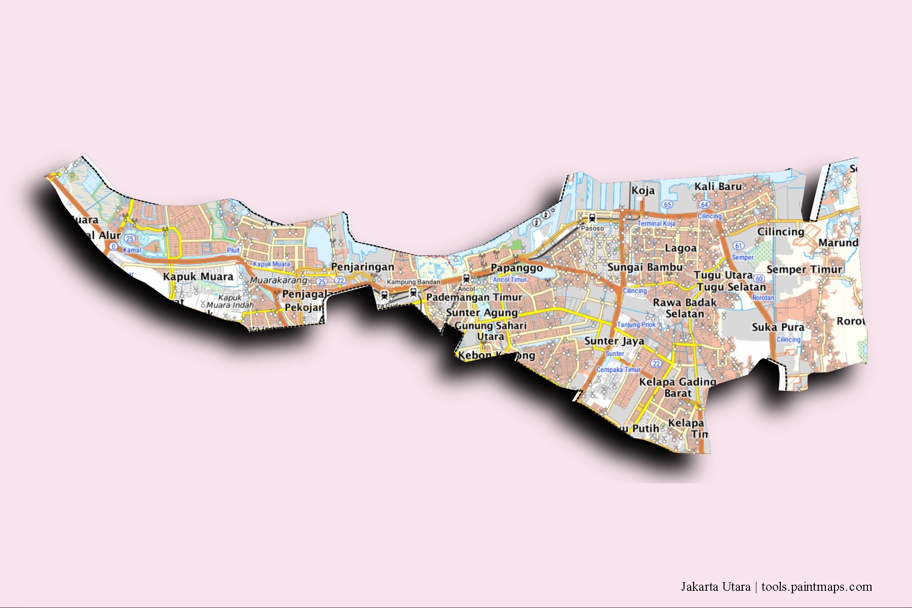 Mapa de barrios y pueblos de Jakarta Utara con efecto de sombra 3D