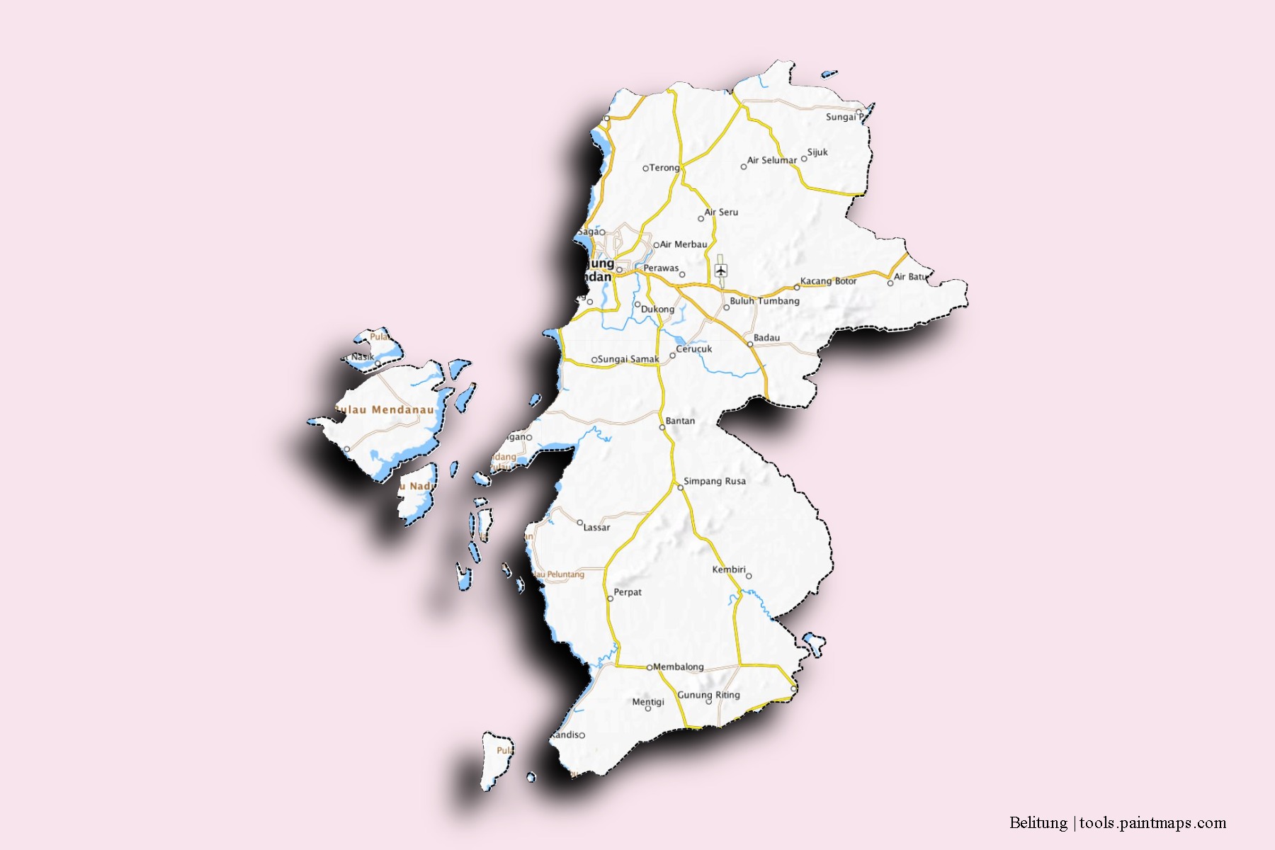 3D gölge efektli Belitung mahalleleri ve köyleri haritası
