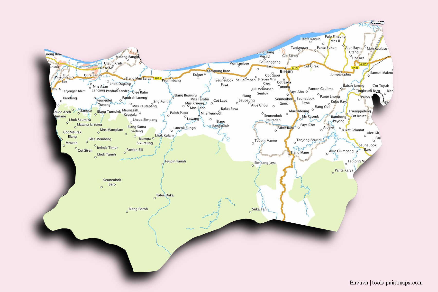 Bireuen neighborhoods and villages map with 3D shadow effect