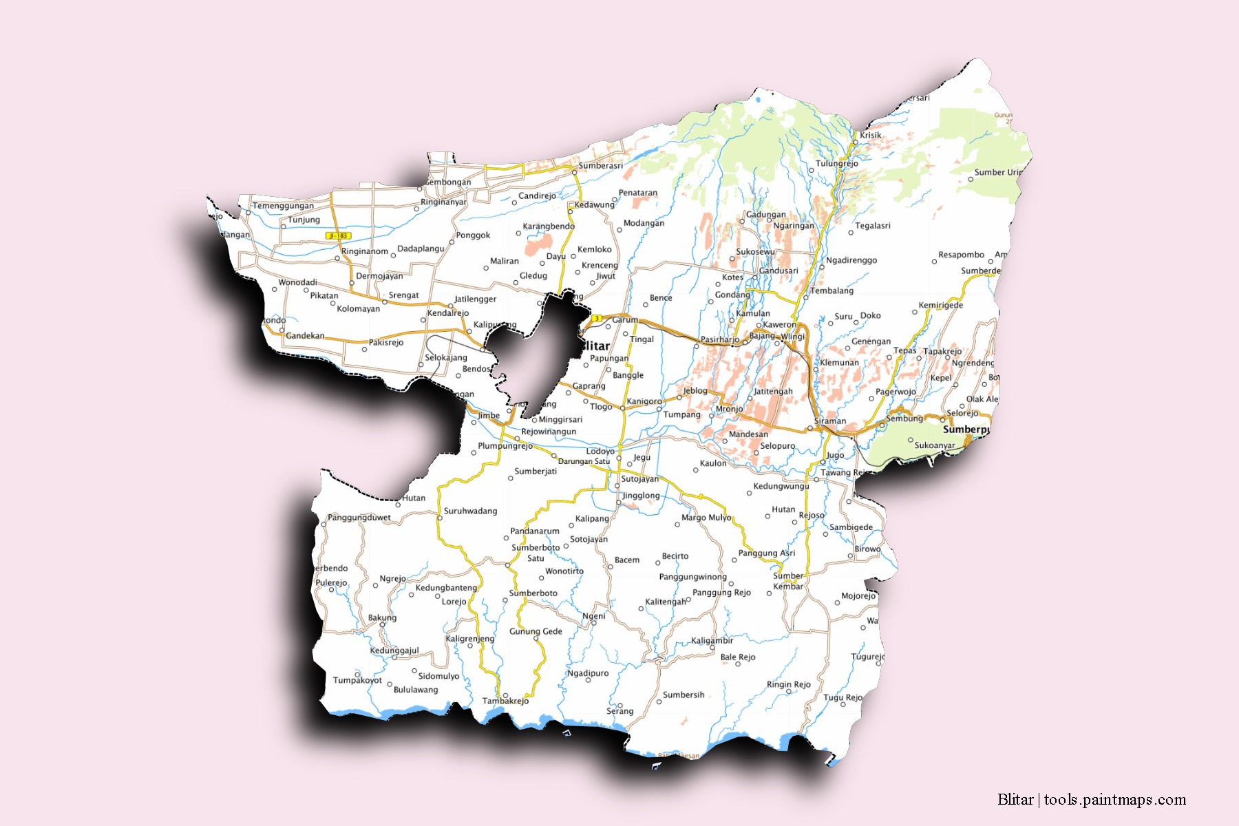 Mapa de barrios y pueblos de Blitar con efecto de sombra 3D