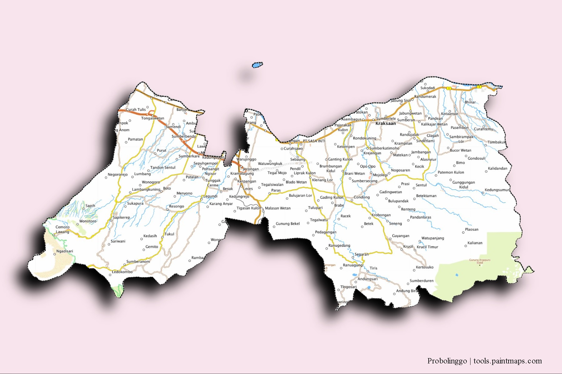 Probolinggo neighborhoods and villages map with 3D shadow effect