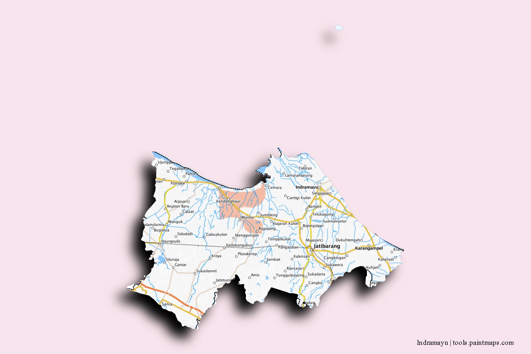 Mapa de barrios y pueblos de Indramayu con efecto de sombra 3D