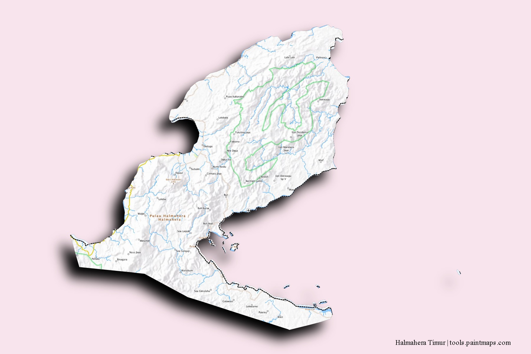 Halmahera Timur neighborhoods and villages map with 3D shadow effect