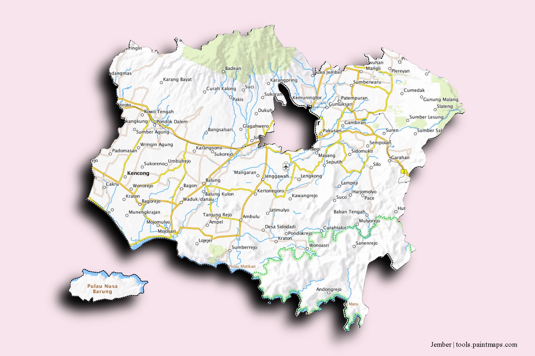 Mapa de barrios y pueblos de Jember con efecto de sombra 3D