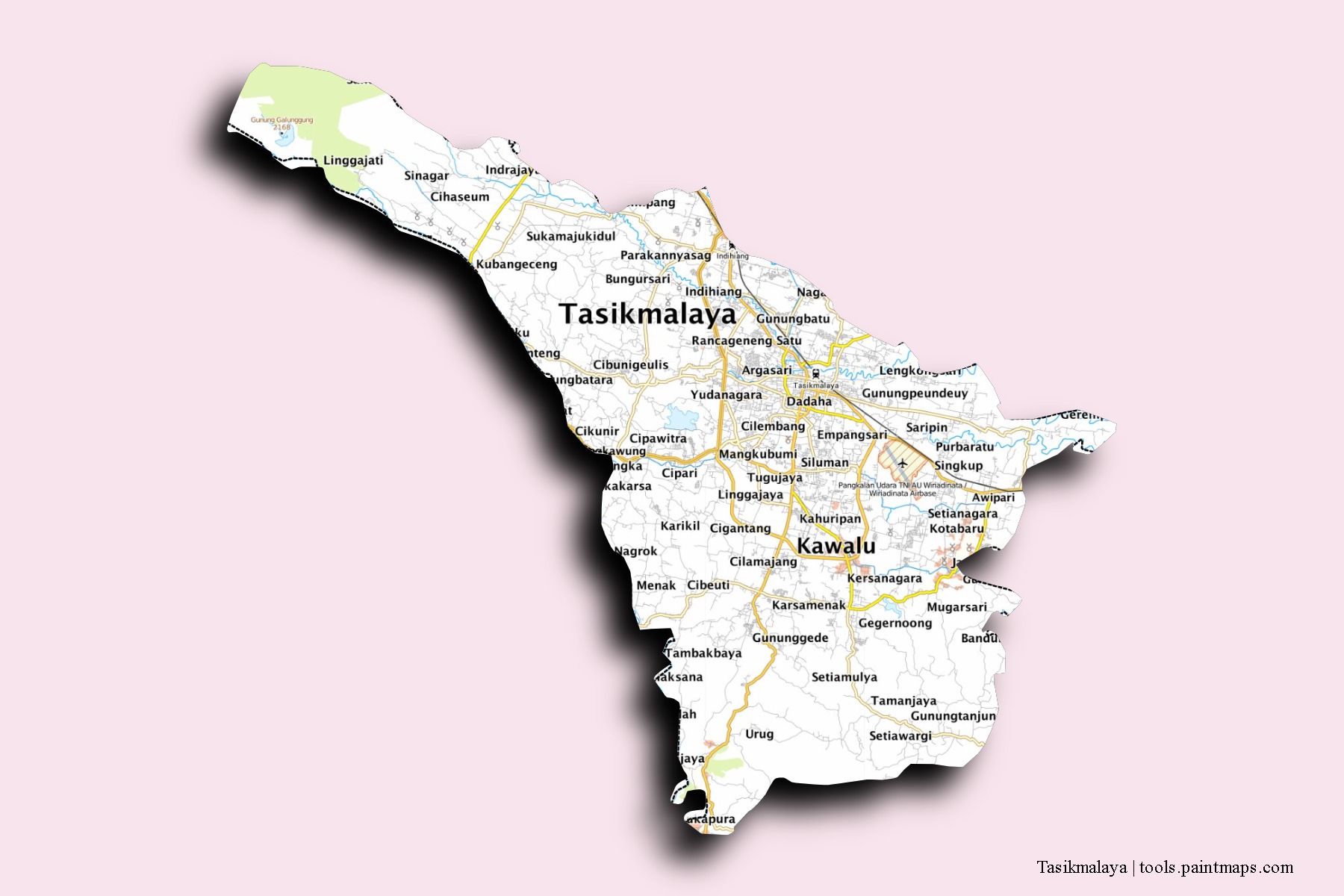 Mapa de barrios y pueblos de Tasikmalaya con efecto de sombra 3D