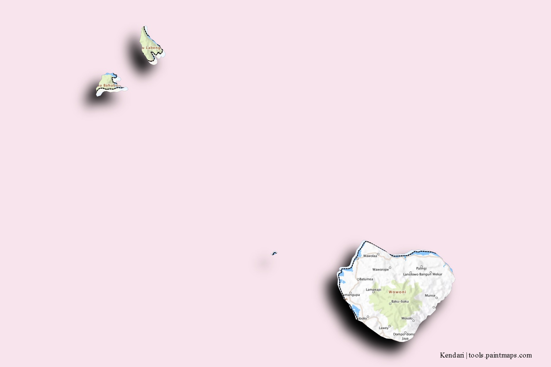 Kendari neighborhoods and villages map with 3D shadow effect