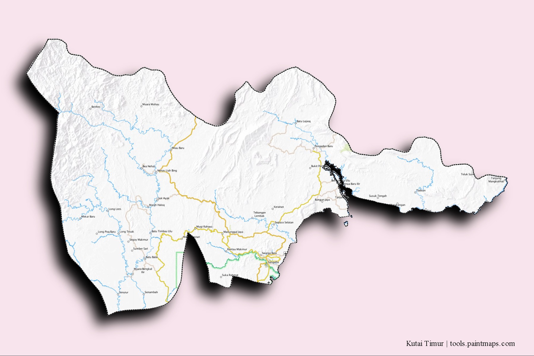 Mapa de barrios y pueblos de Kutai Timur con efecto de sombra 3D