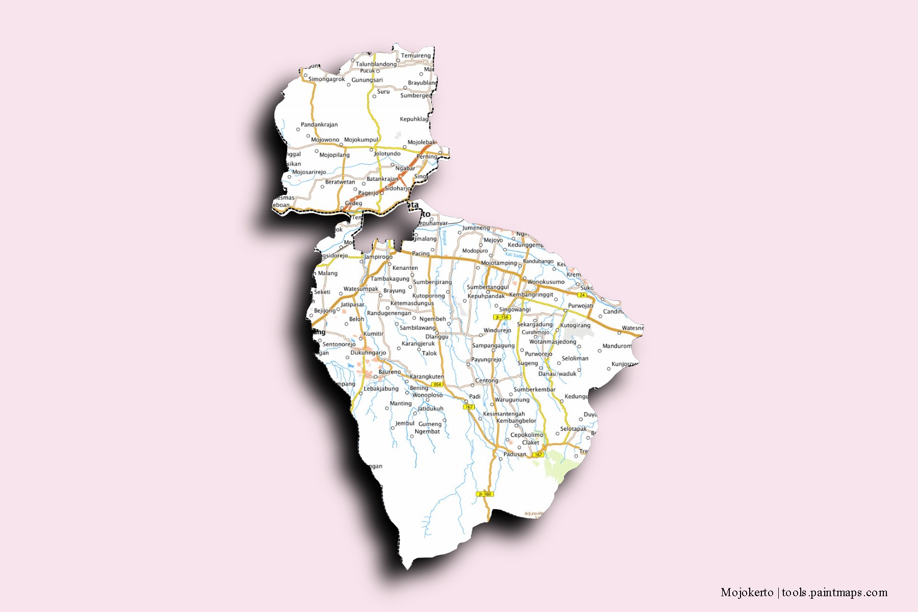 Mapa de barrios y pueblos de Mojokerto con efecto de sombra 3D