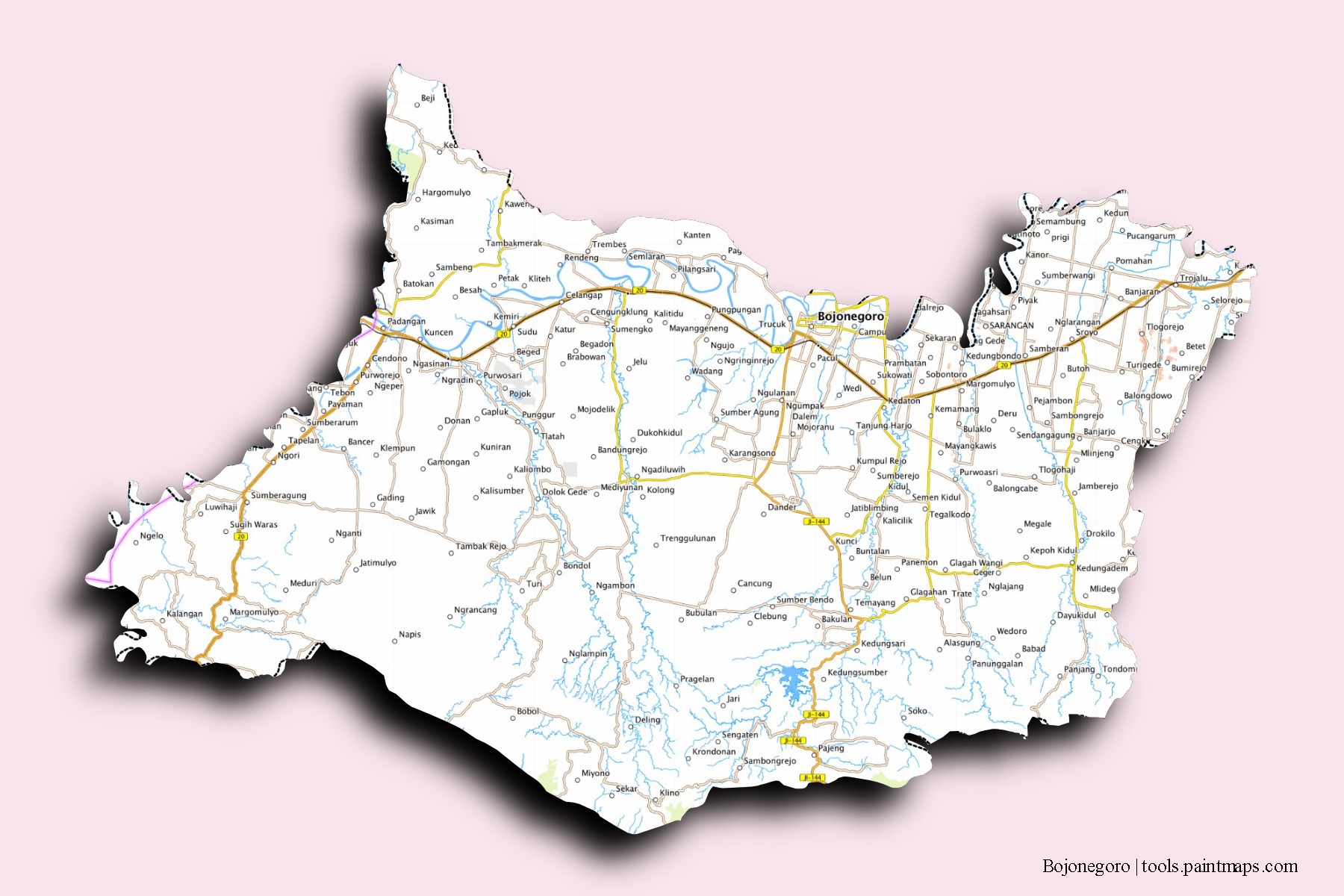 Mapa de barrios y pueblos de Bojonegoro con efecto de sombra 3D