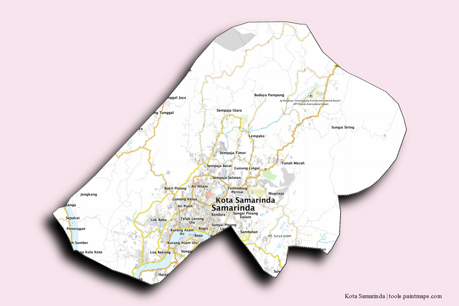 Mapa de barrios y pueblos de Kota Samarinda con efecto de sombra 3D