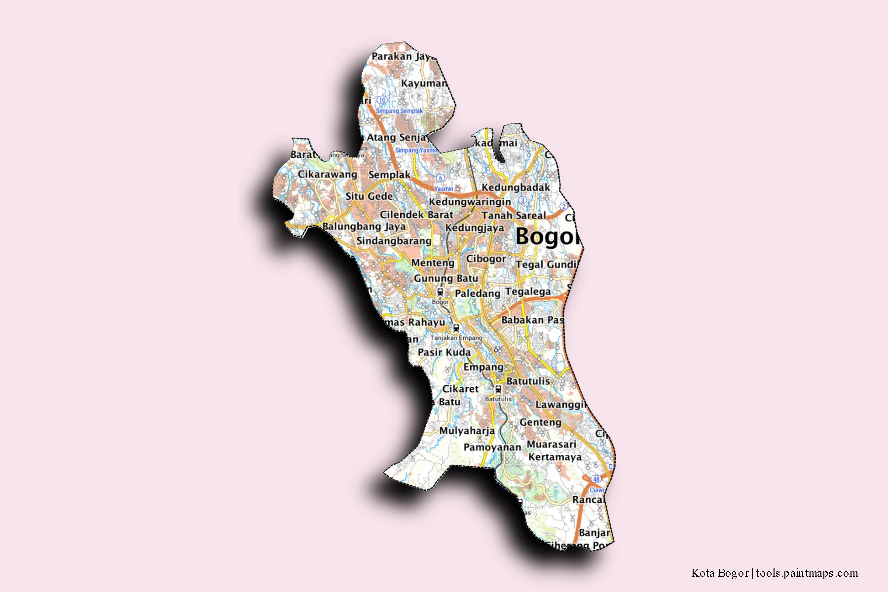 Bogor neighborhoods and villages map with 3D shadow effect