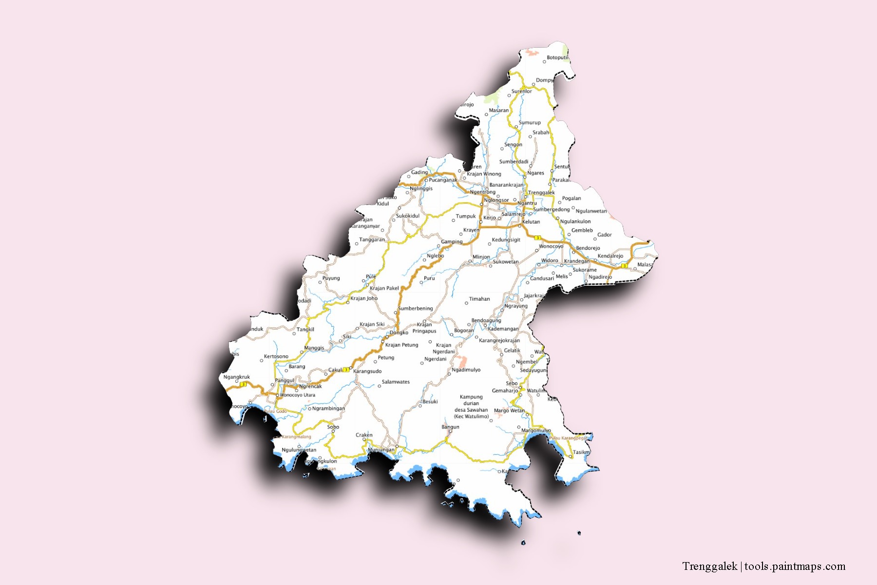 Mapa de barrios y pueblos de Trenggalek con efecto de sombra 3D