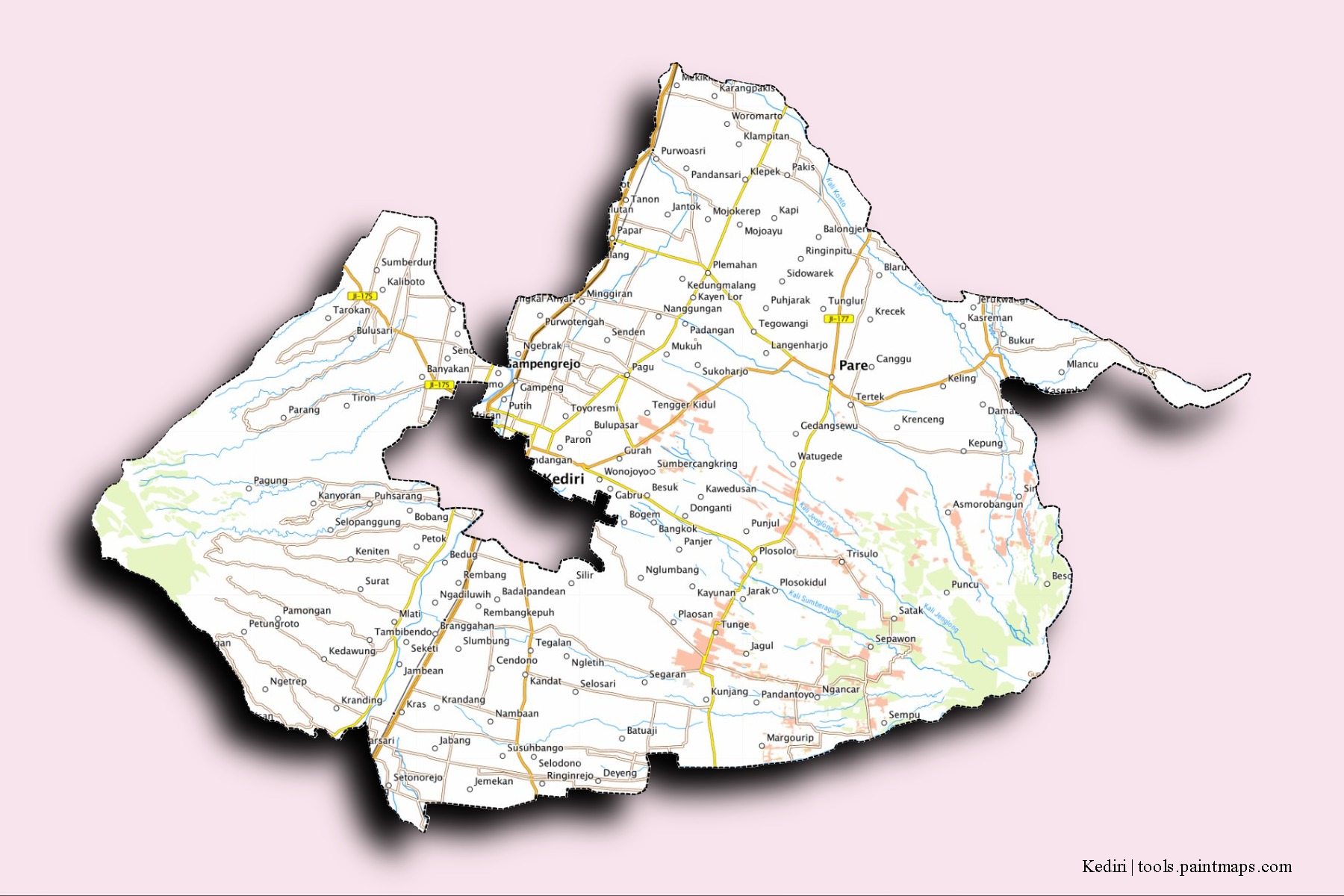 Mapa de barrios y pueblos de Kediri con efecto de sombra 3D