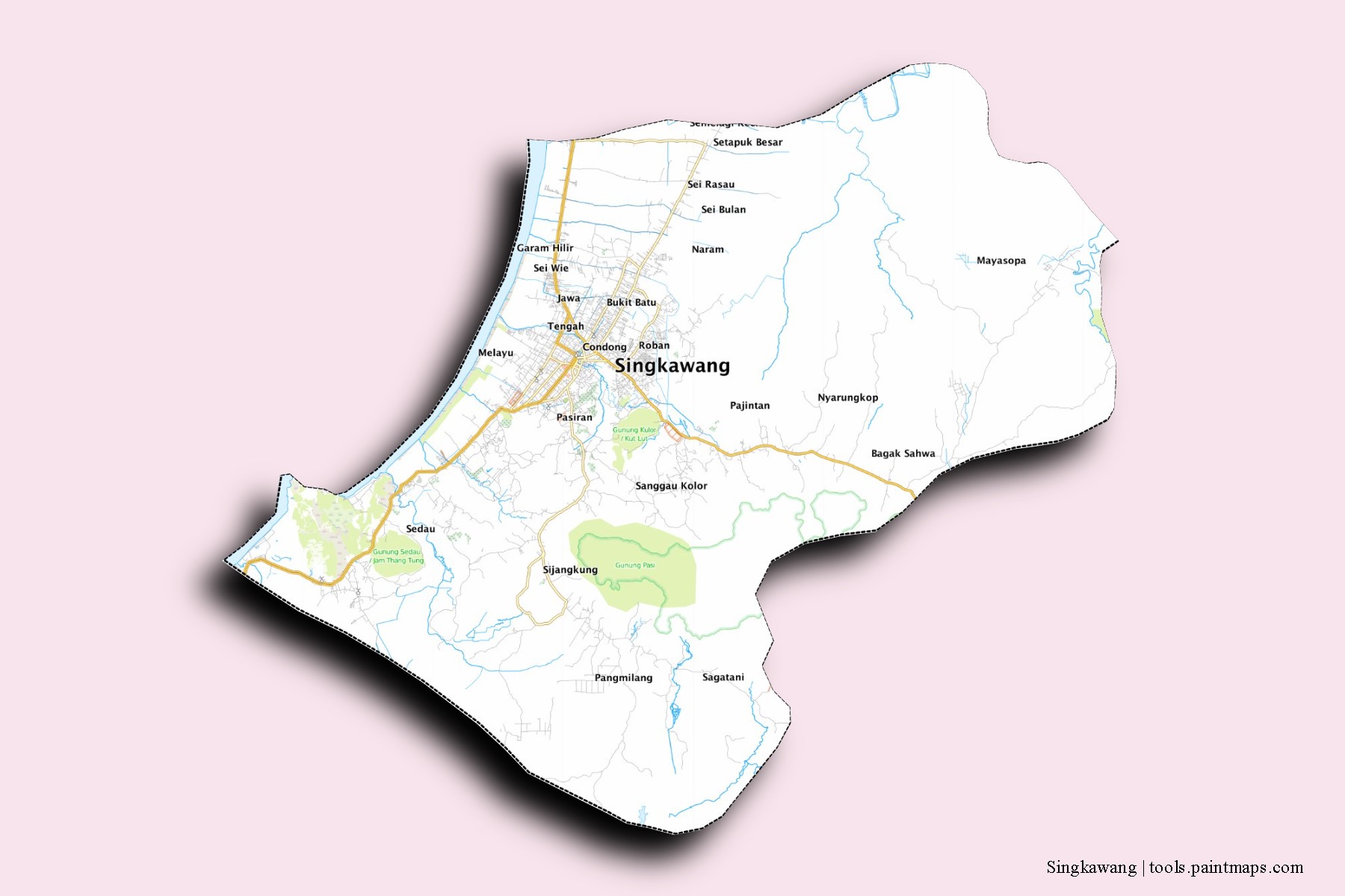 Mapa de barrios y pueblos de Singkawang con efecto de sombra 3D