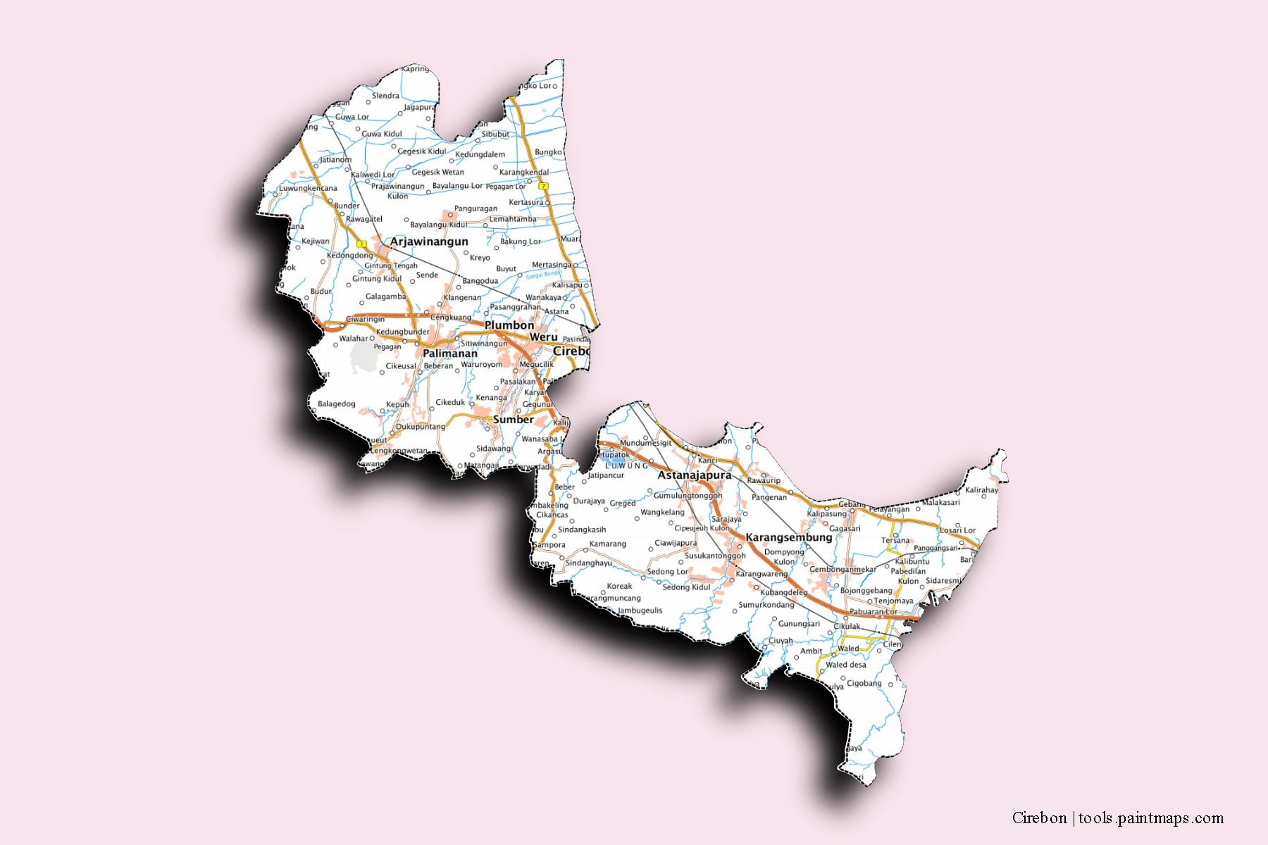 Mapa de barrios y pueblos de Cirebon con efecto de sombra 3D