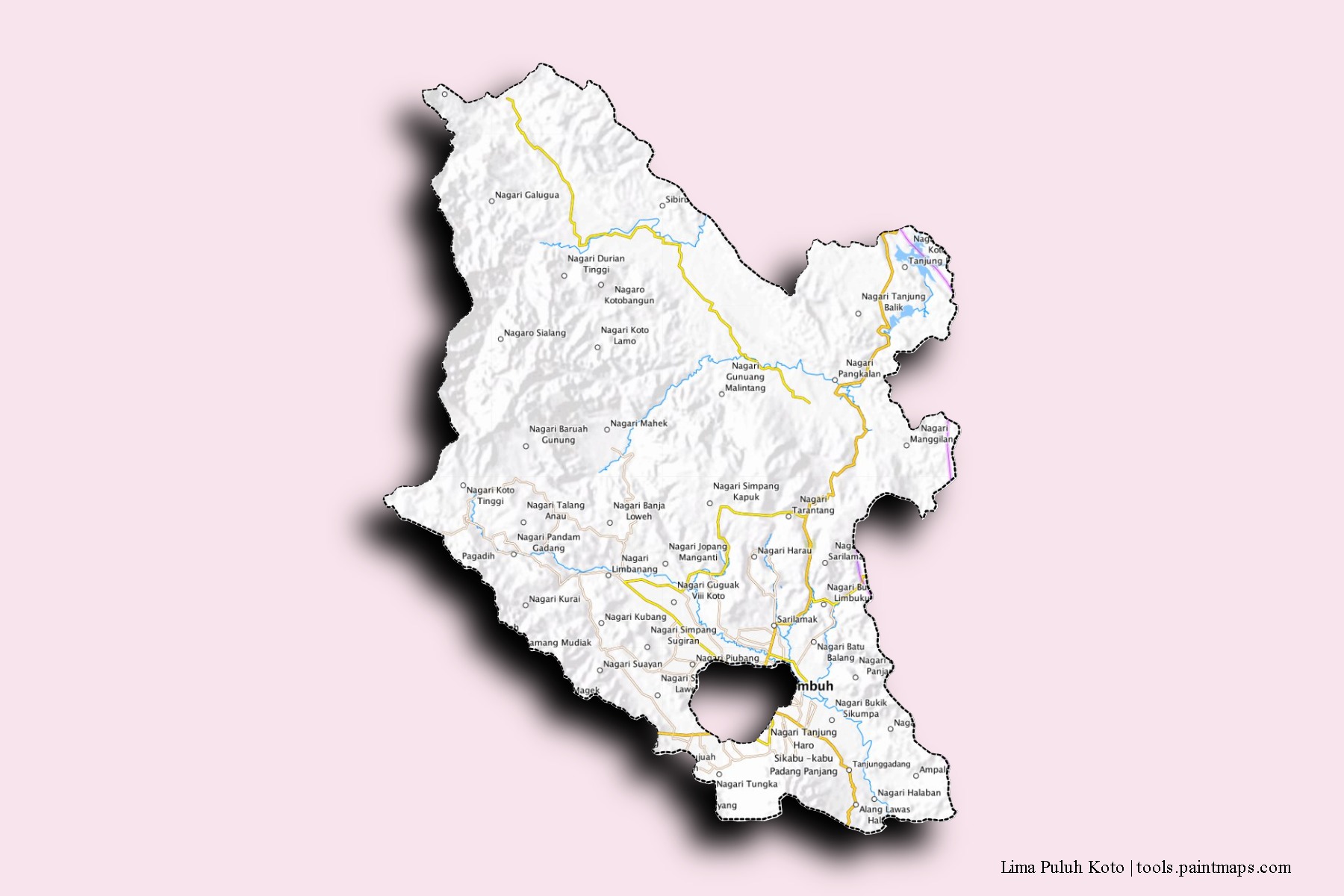 Mapa de barrios y pueblos de Lima Puluh Koto con efecto de sombra 3D