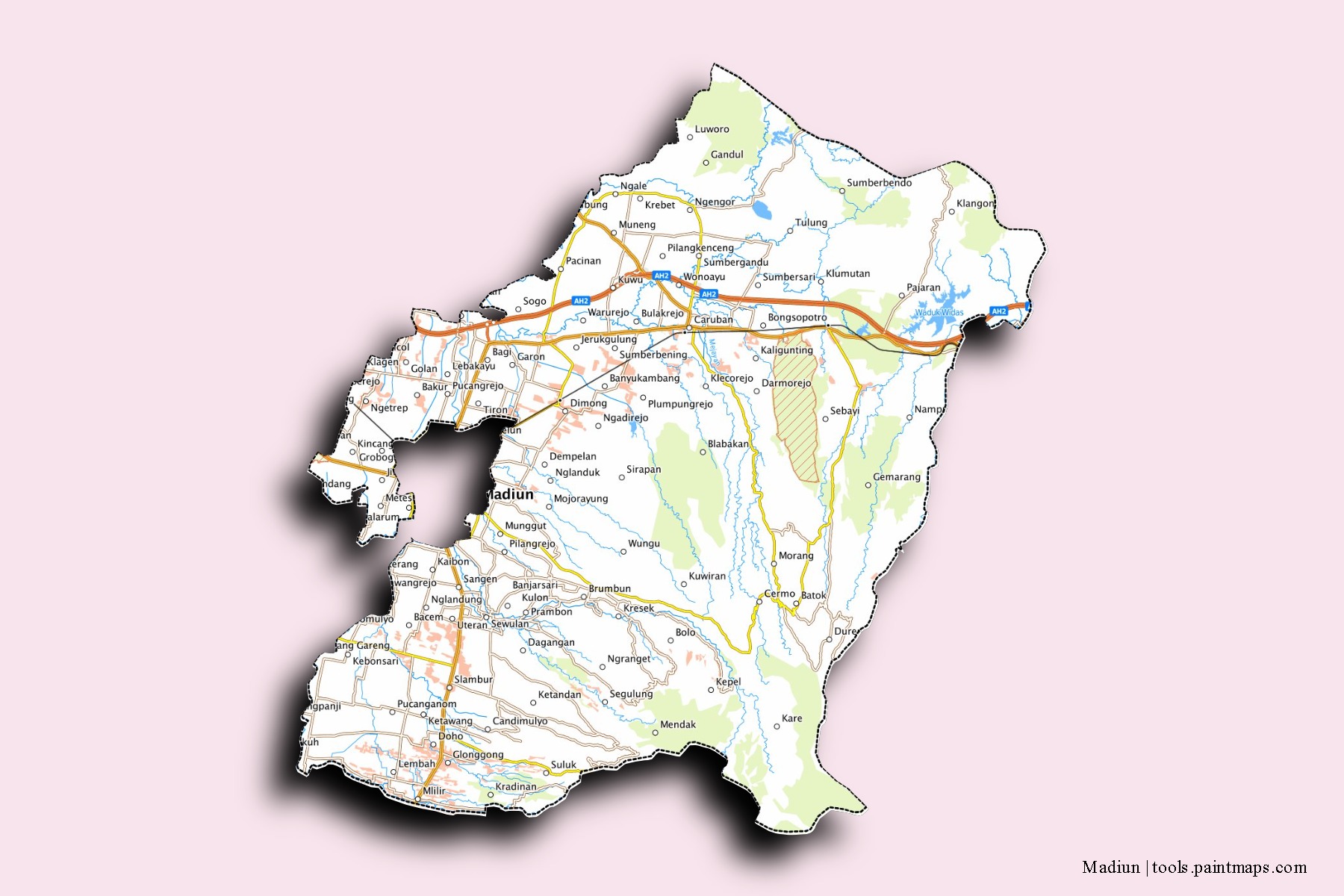 Mapa de barrios y pueblos de Madiun con efecto de sombra 3D