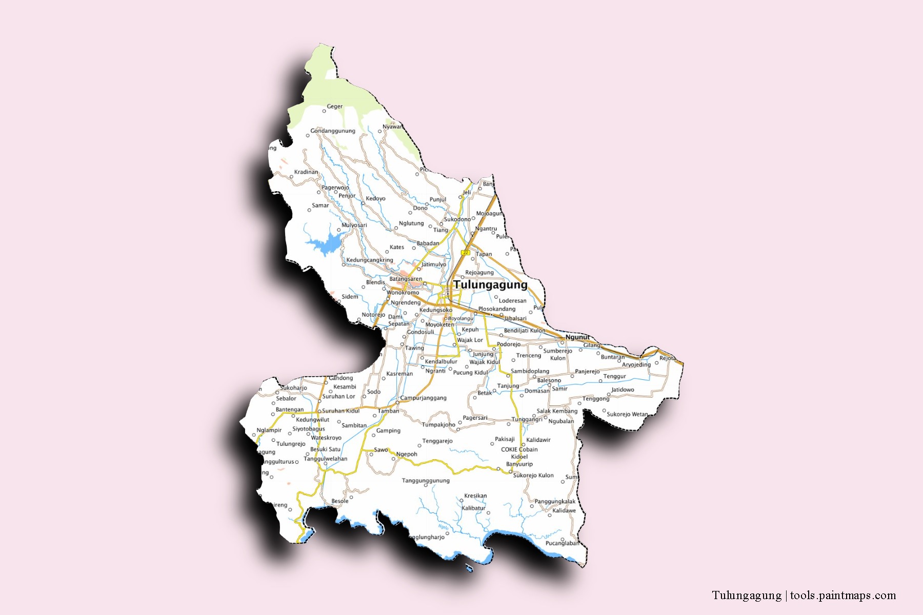 Mapa de barrios y pueblos de Tulungagung con efecto de sombra 3D