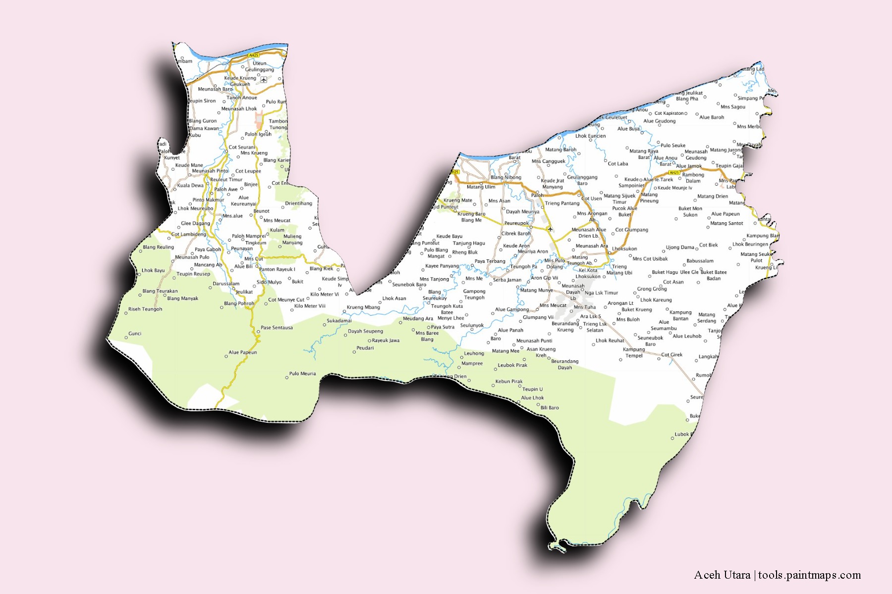 Mapa de barrios y pueblos de Aceh Utara con efecto de sombra 3D