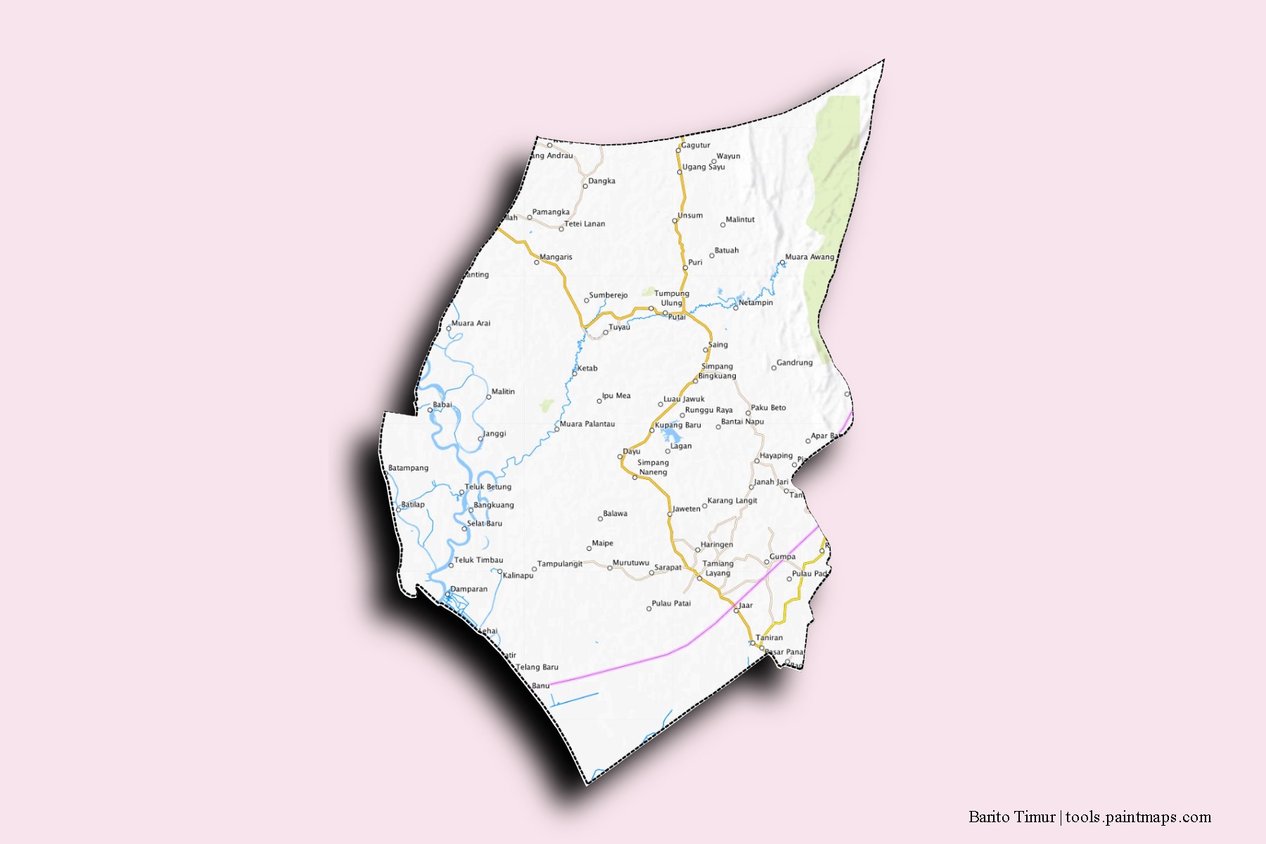 Mapa de barrios y pueblos de Barito Timur con efecto de sombra 3D