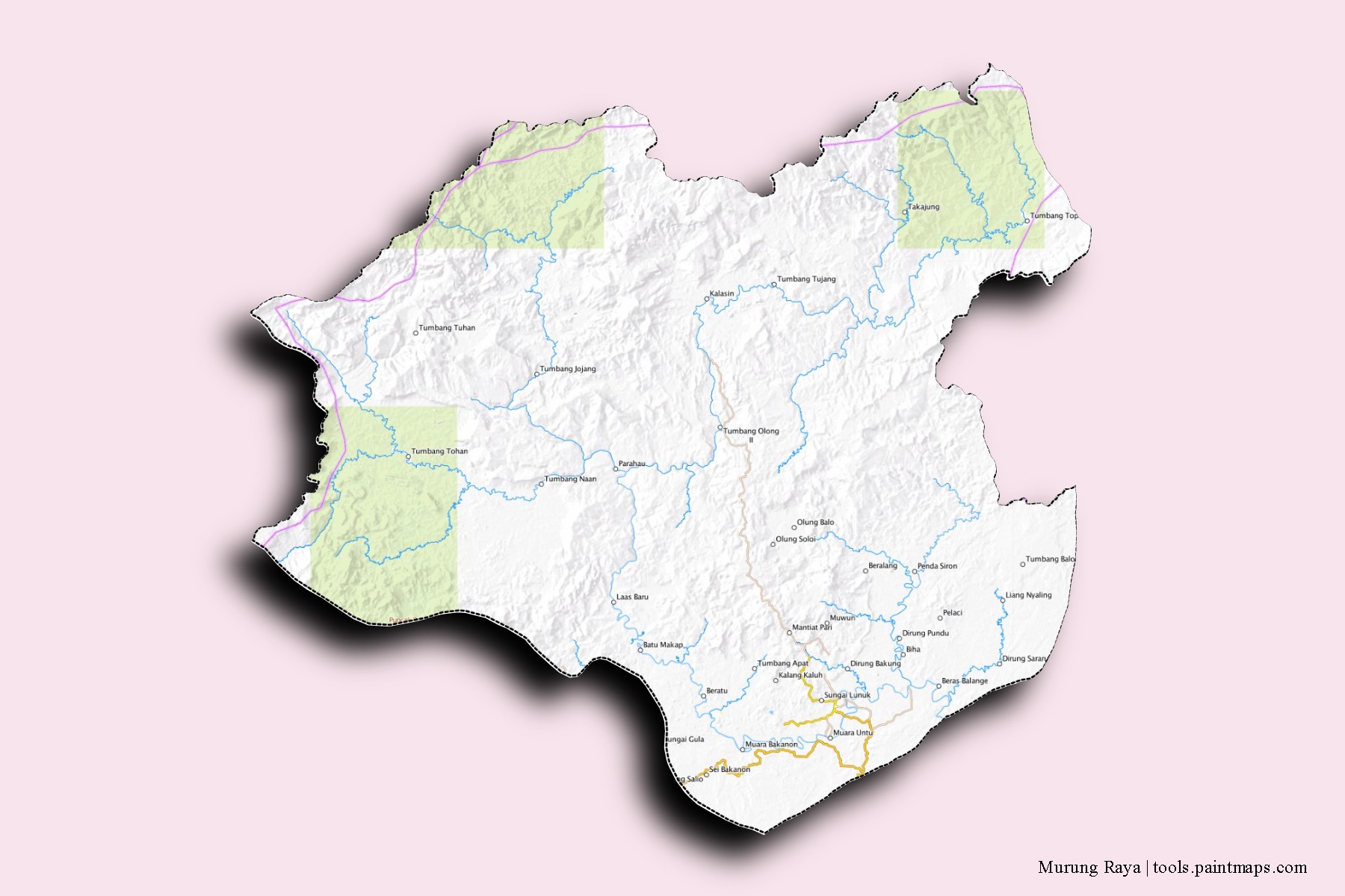 Mapa de barrios y pueblos de Murung Raya con efecto de sombra 3D