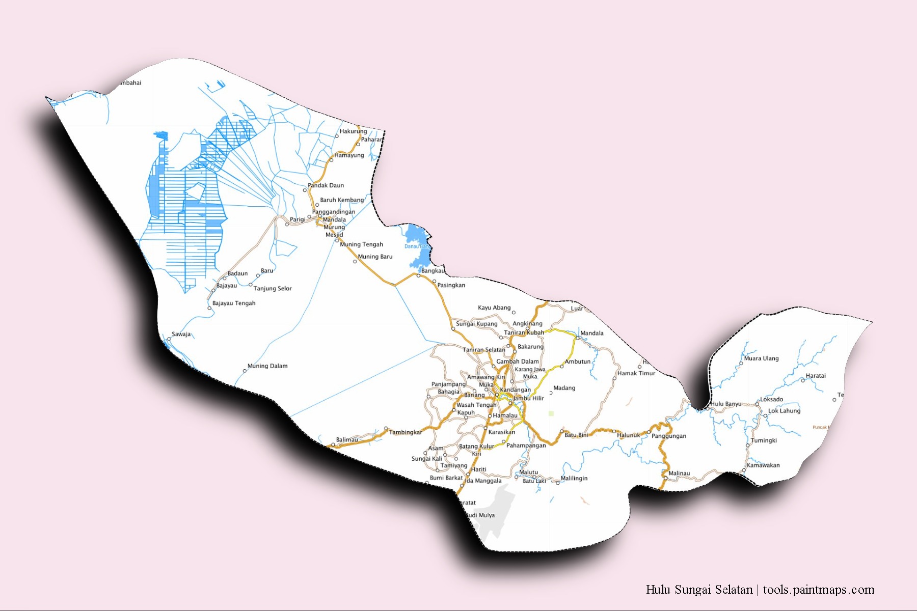 Mapa de barrios y pueblos de Hulu Sungai Selatan con efecto de sombra 3D