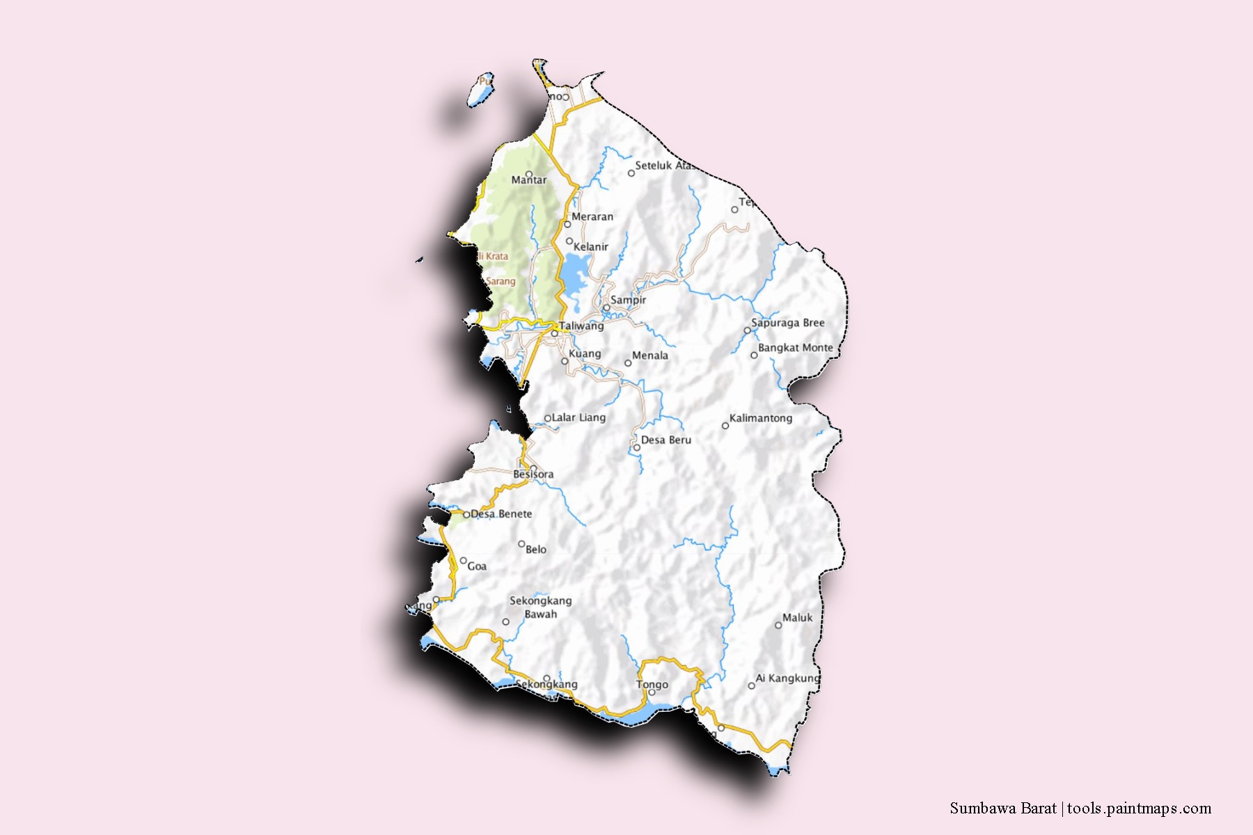 Sumbawa Barat neighborhoods and villages map with 3D shadow effect