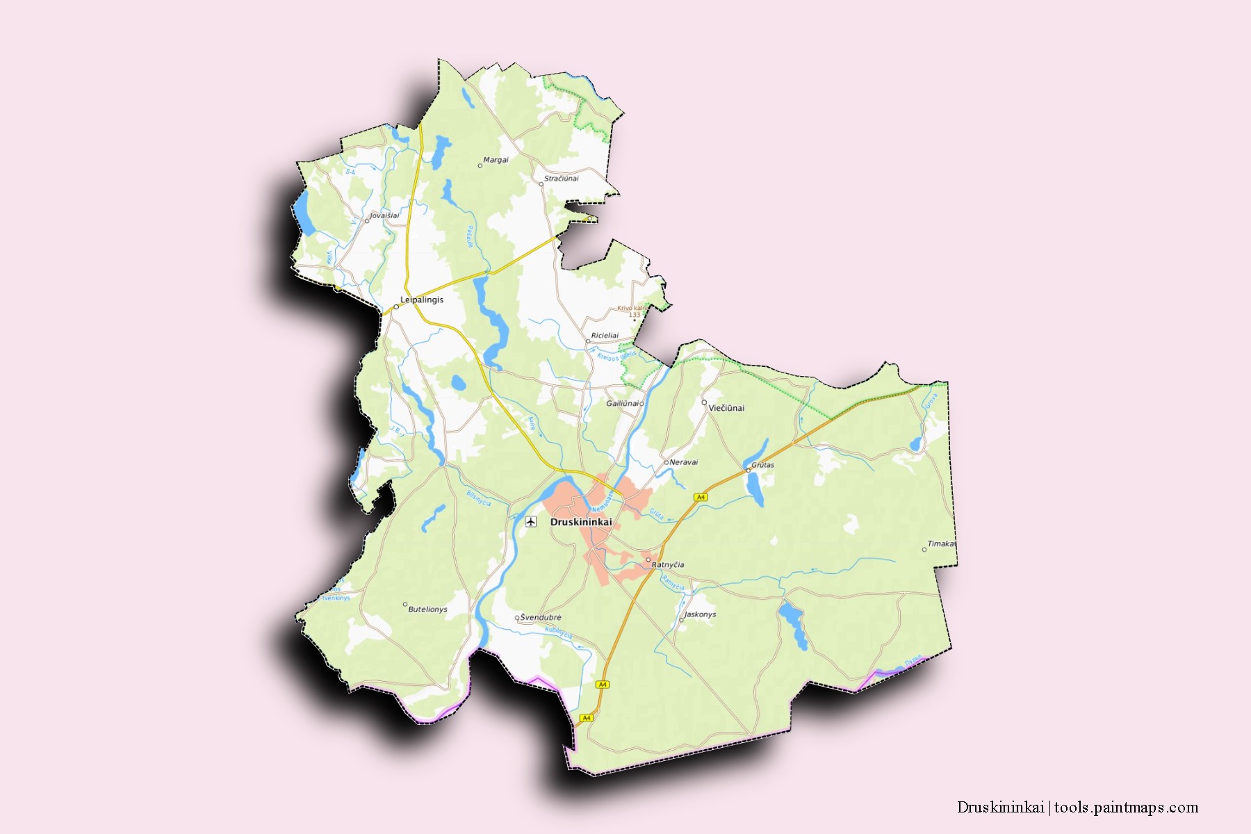 Druskininkai neighborhoods and villages map with 3D shadow effect