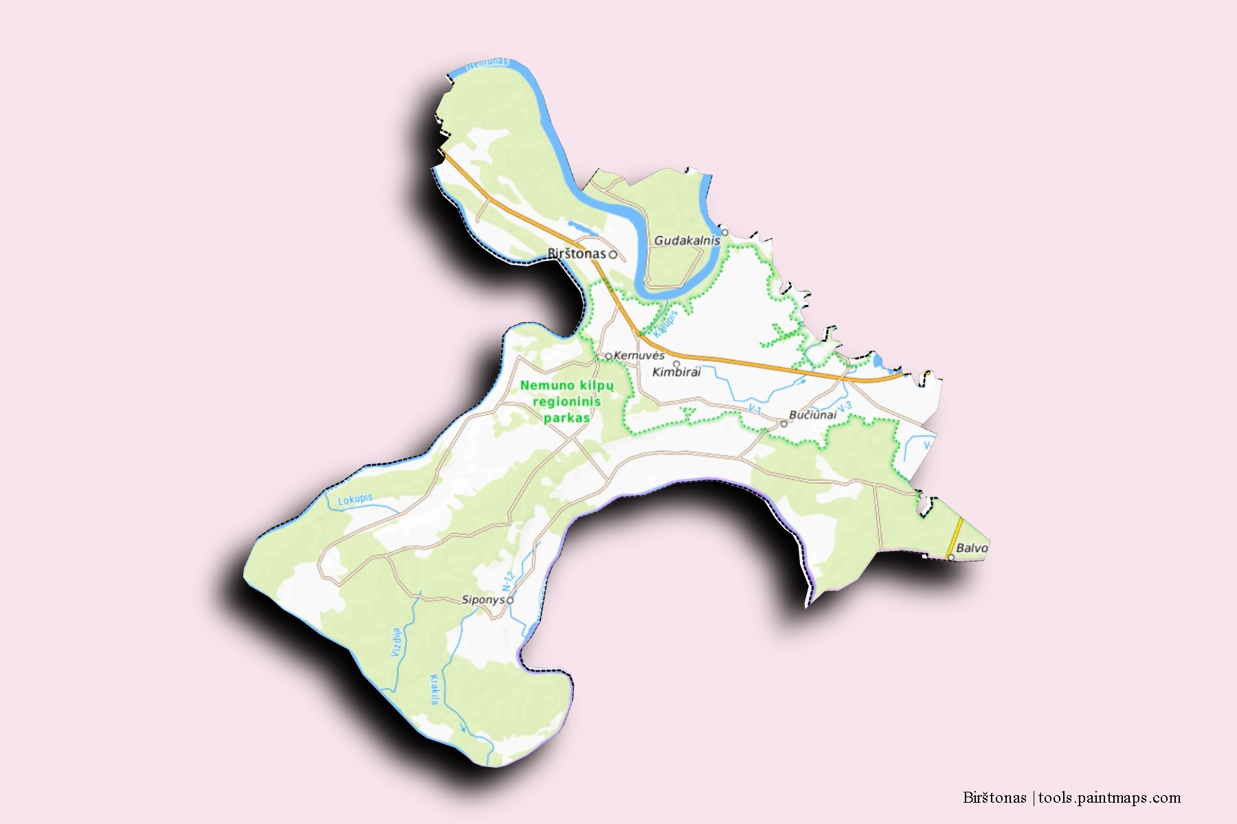 Mapa de barrios y pueblos de Birštonas con efecto de sombra 3D