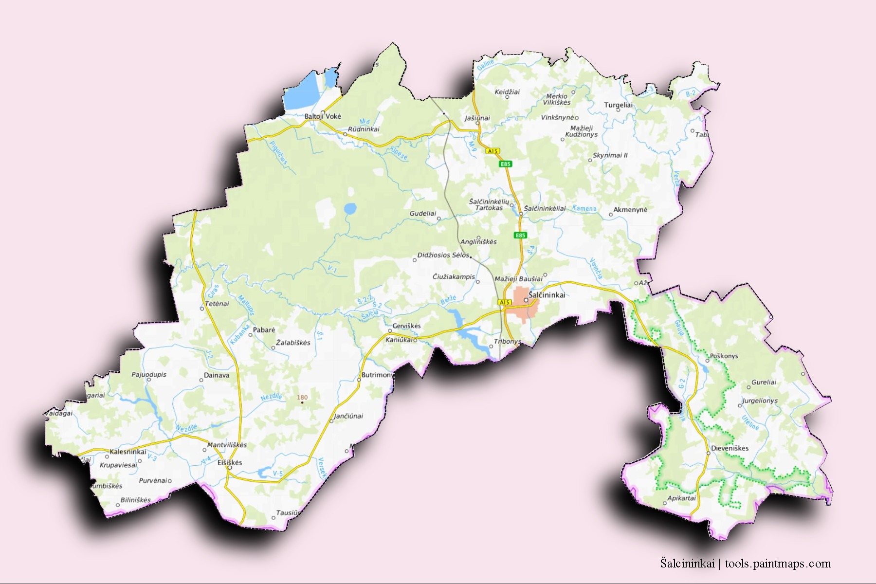 Mapa de barrios y pueblos de Šalcininkai con efecto de sombra 3D