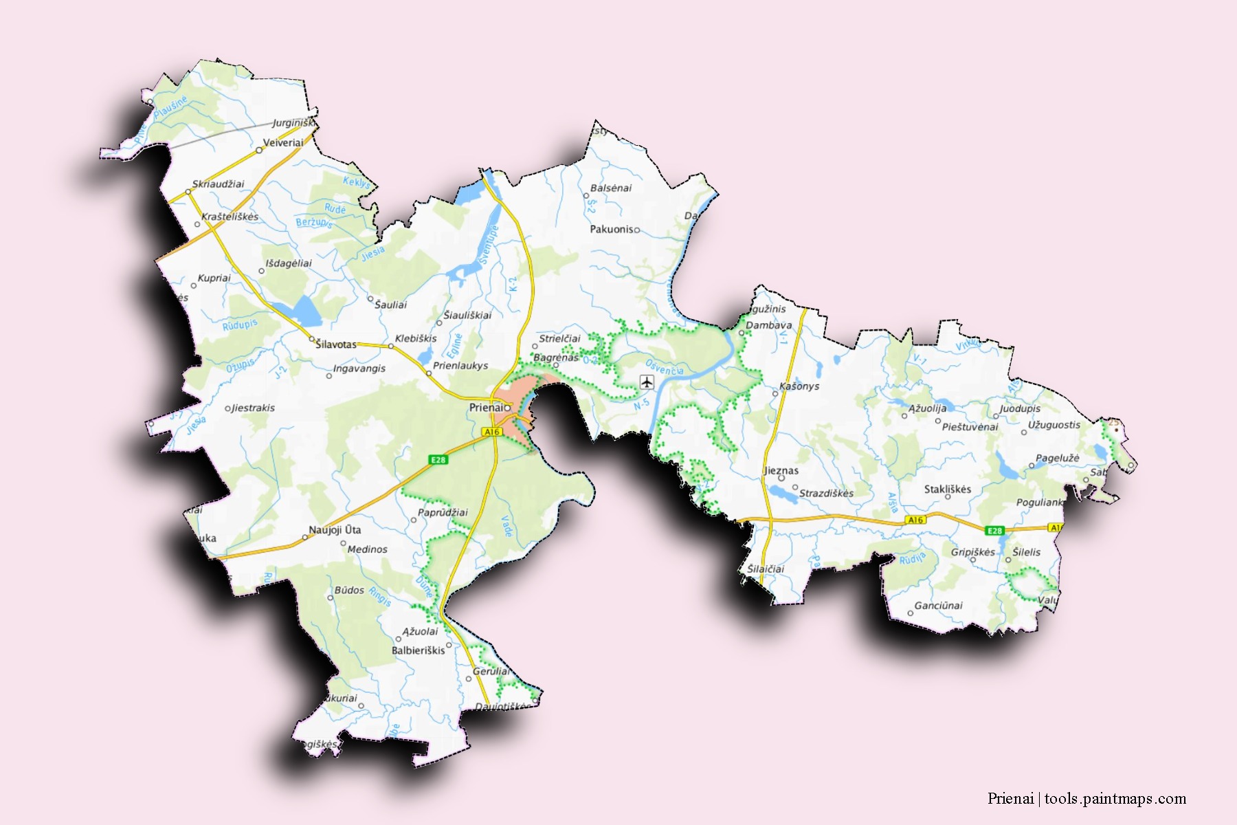 Mapa de barrios y pueblos de Prienai con efecto de sombra 3D