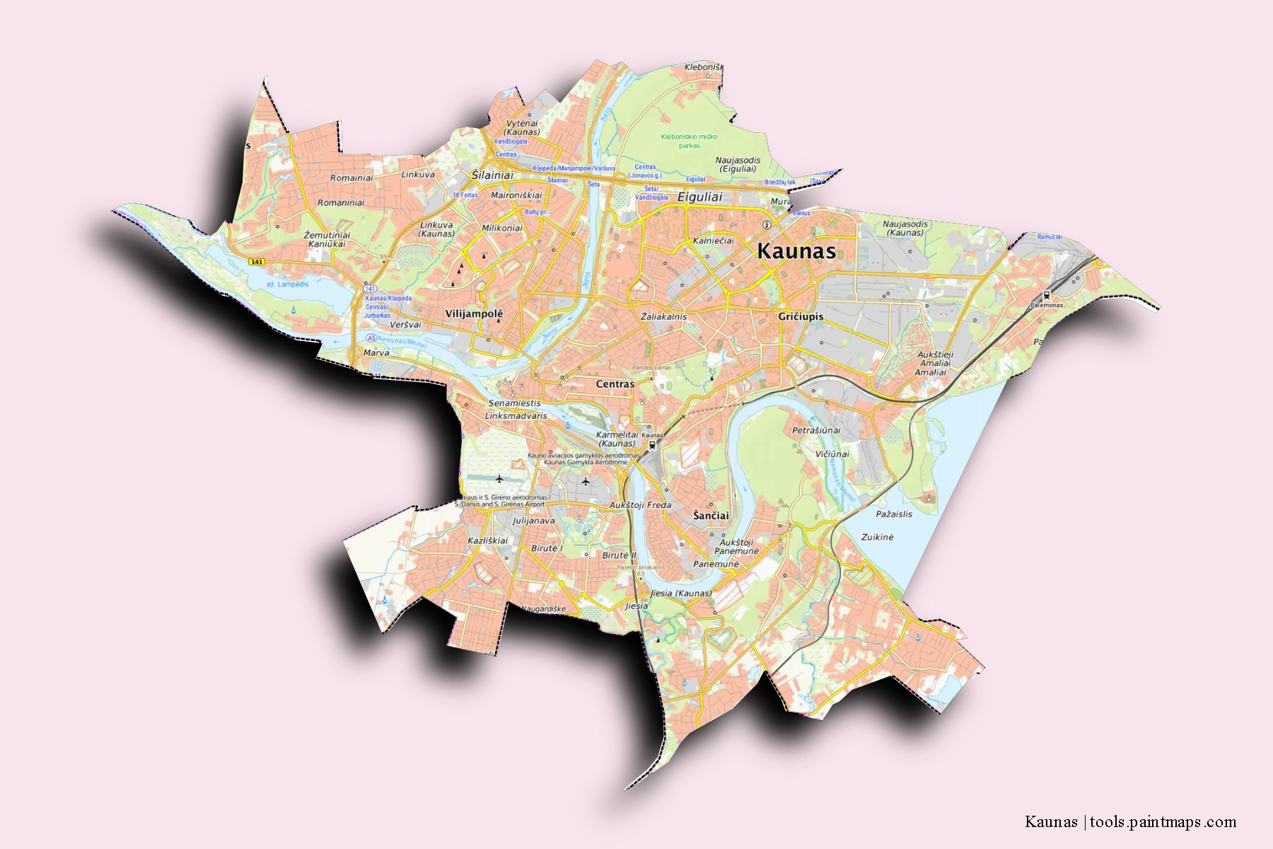 Mapa de barrios y pueblos de Kaunas con efecto de sombra 3D