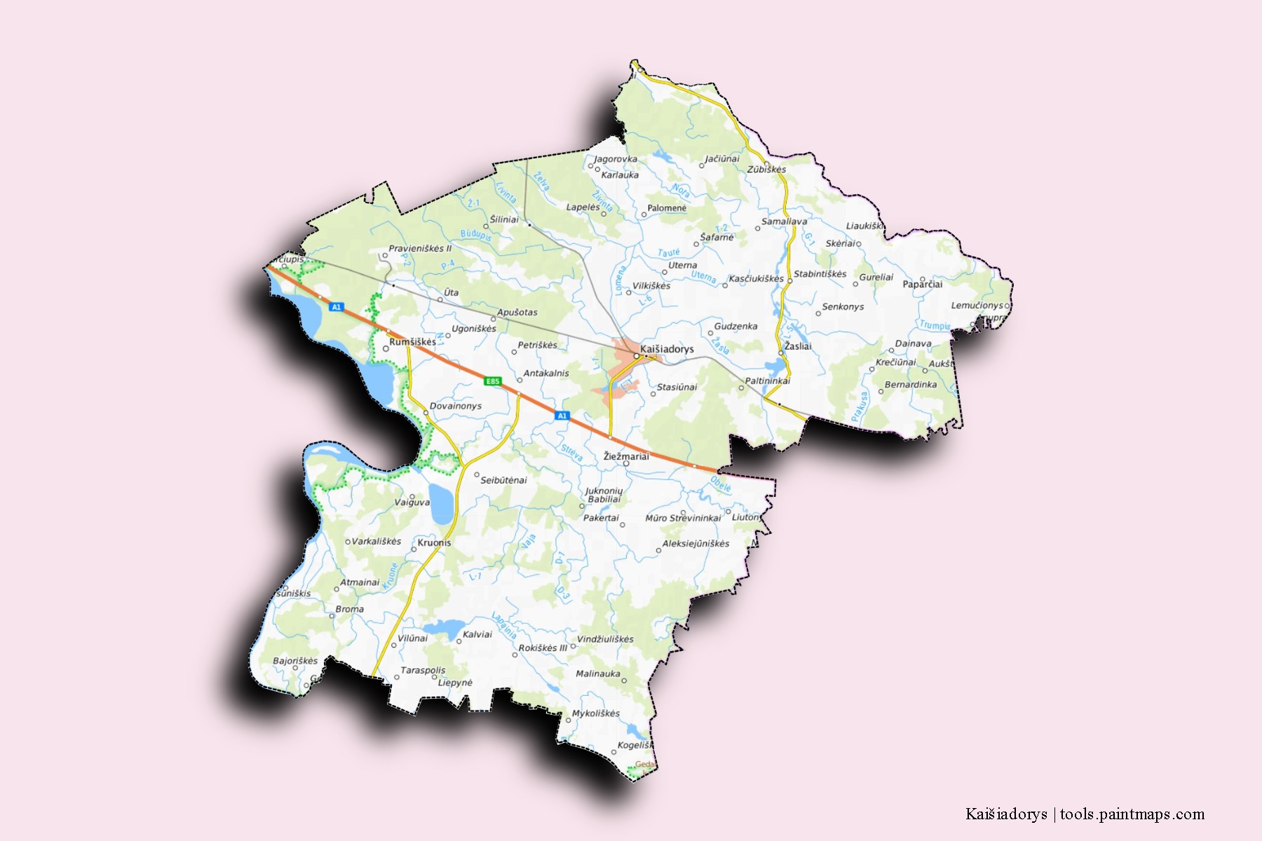 Mapa de barrios y pueblos de Kaišiadorys con efecto de sombra 3D