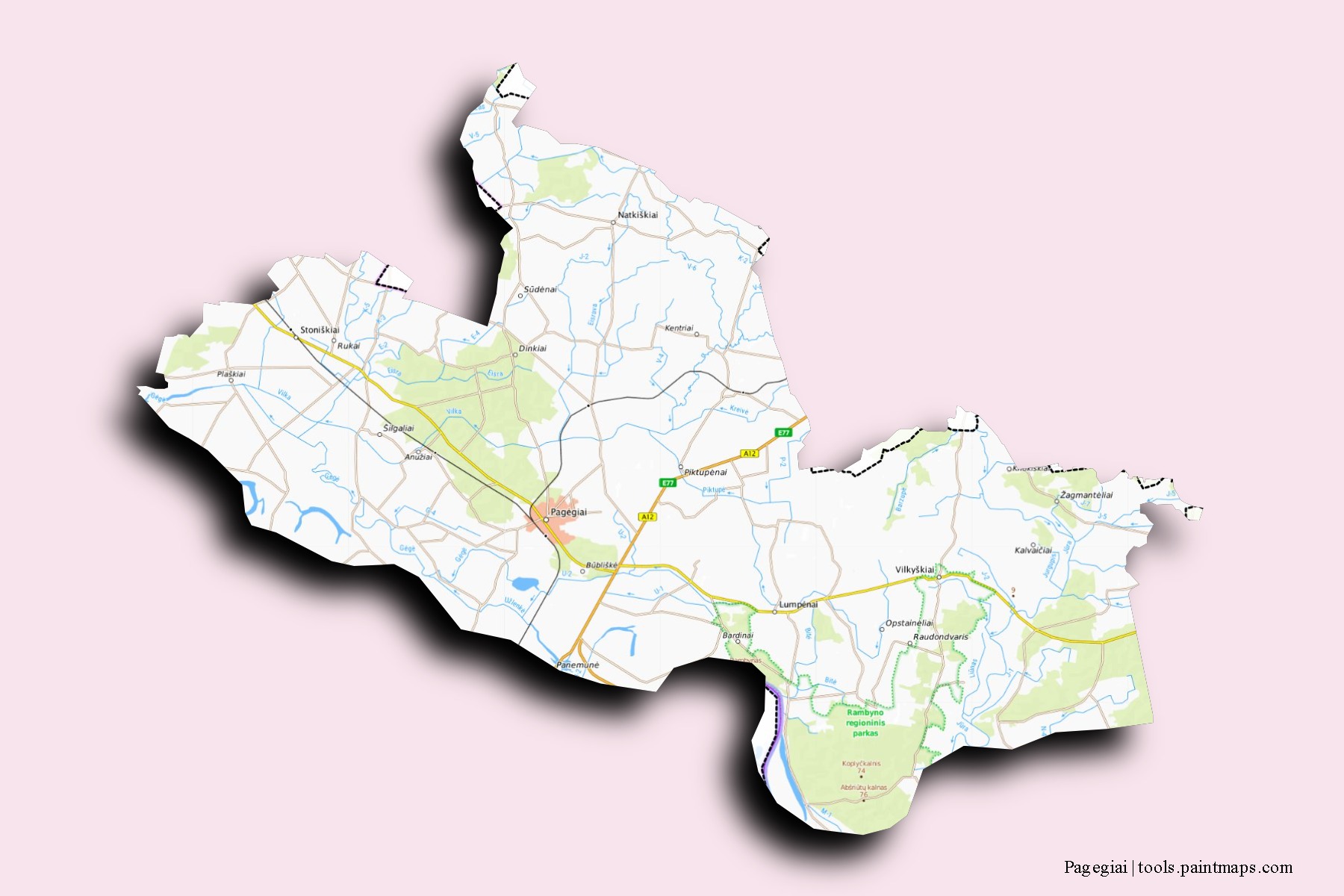 Mapa de barrios y pueblos de Pagegiai con efecto de sombra 3D