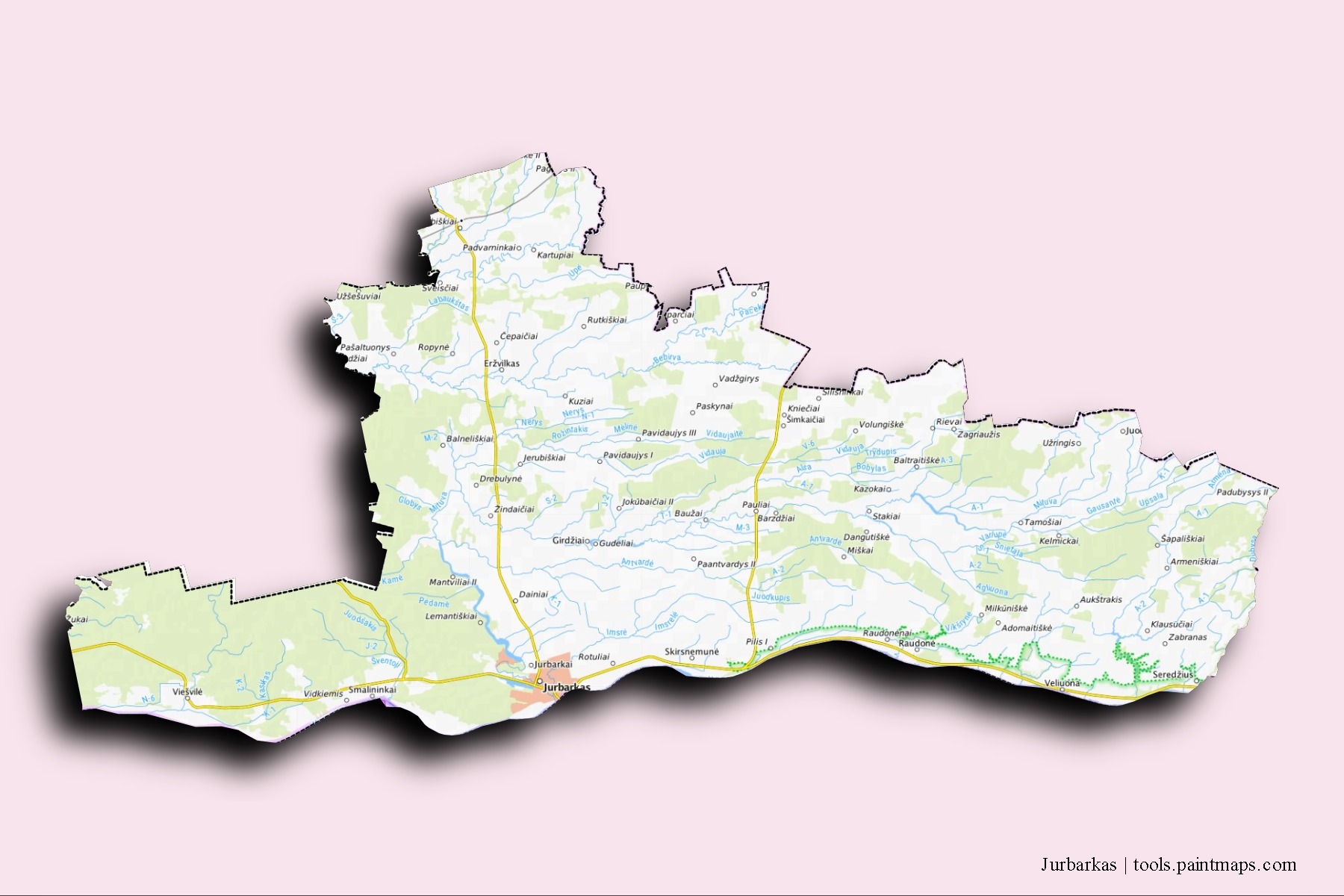 Jurbarkas neighborhoods and villages map with 3D shadow effect