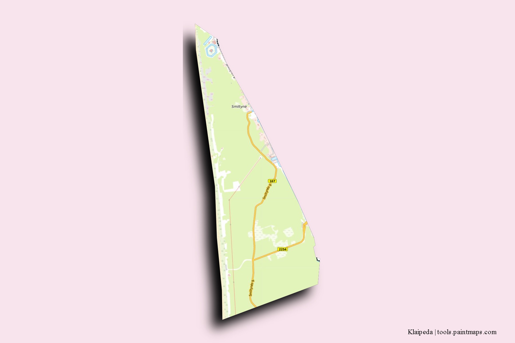 Mapa de barrios y pueblos de Klaipeda con efecto de sombra 3D