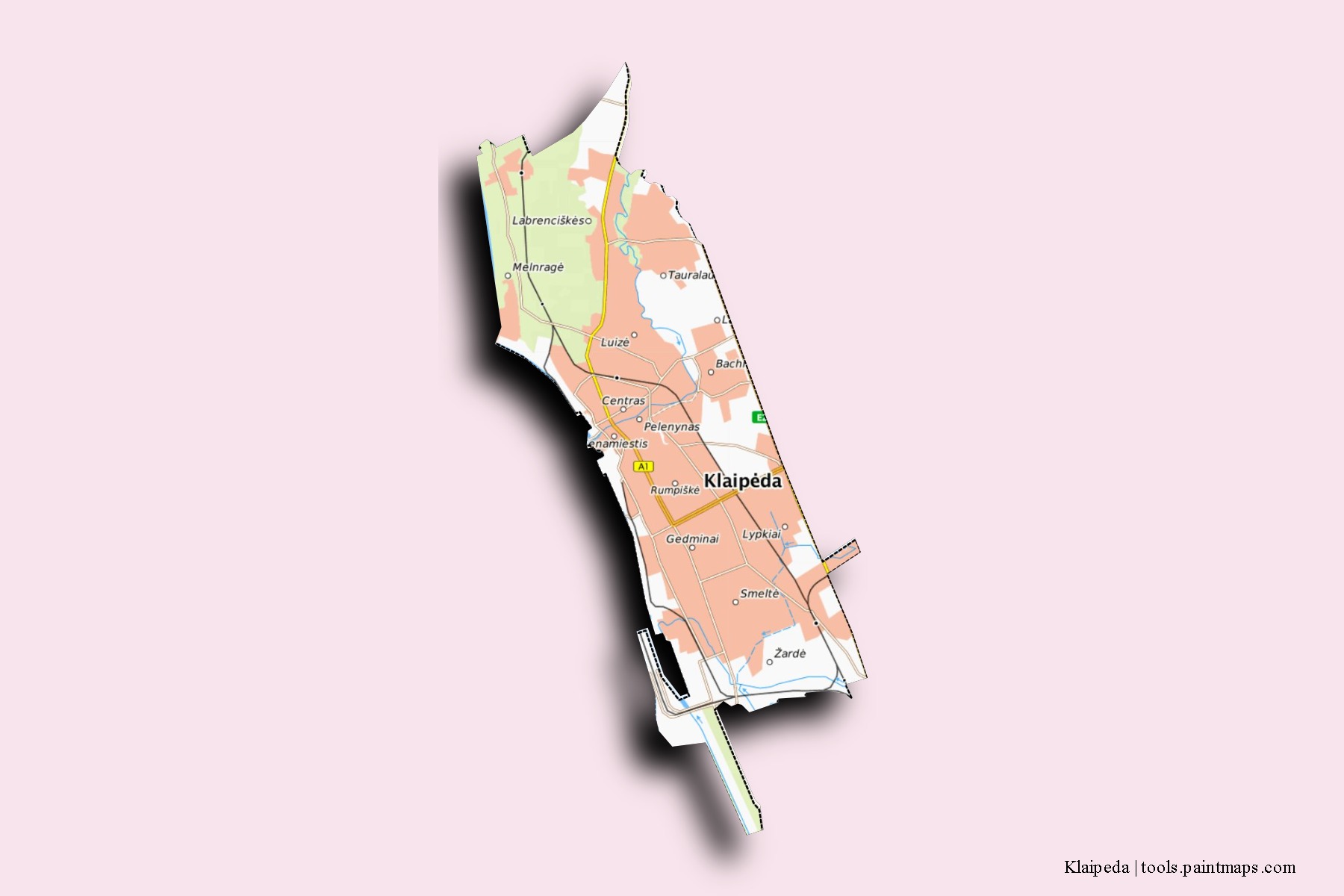 Mapa de barrios y pueblos de Klaipeda con efecto de sombra 3D