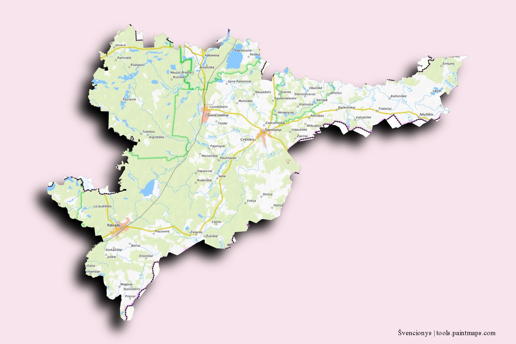 Mapa de barrios y pueblos de Švencionys con efecto de sombra 3D