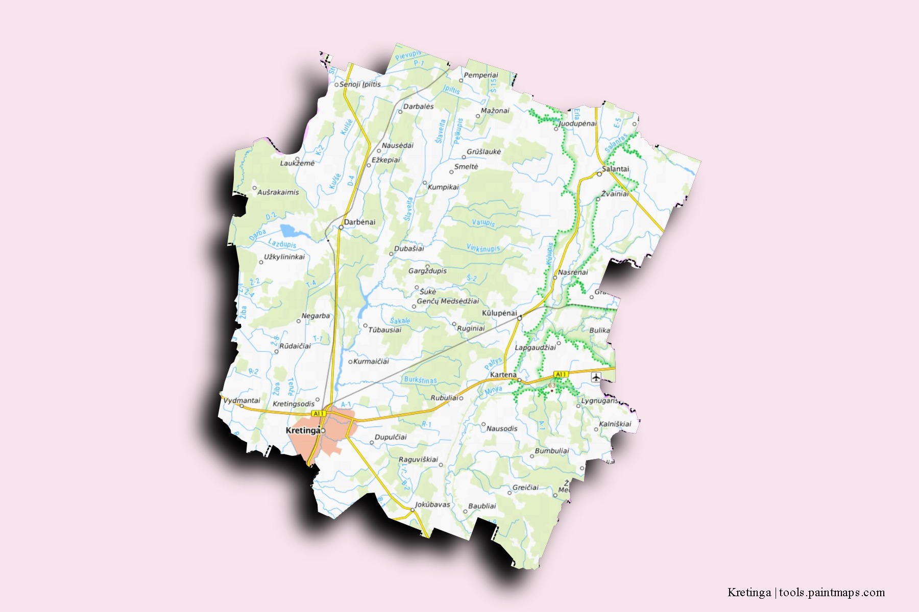 Mapa de barrios y pueblos de Kretinga con efecto de sombra 3D