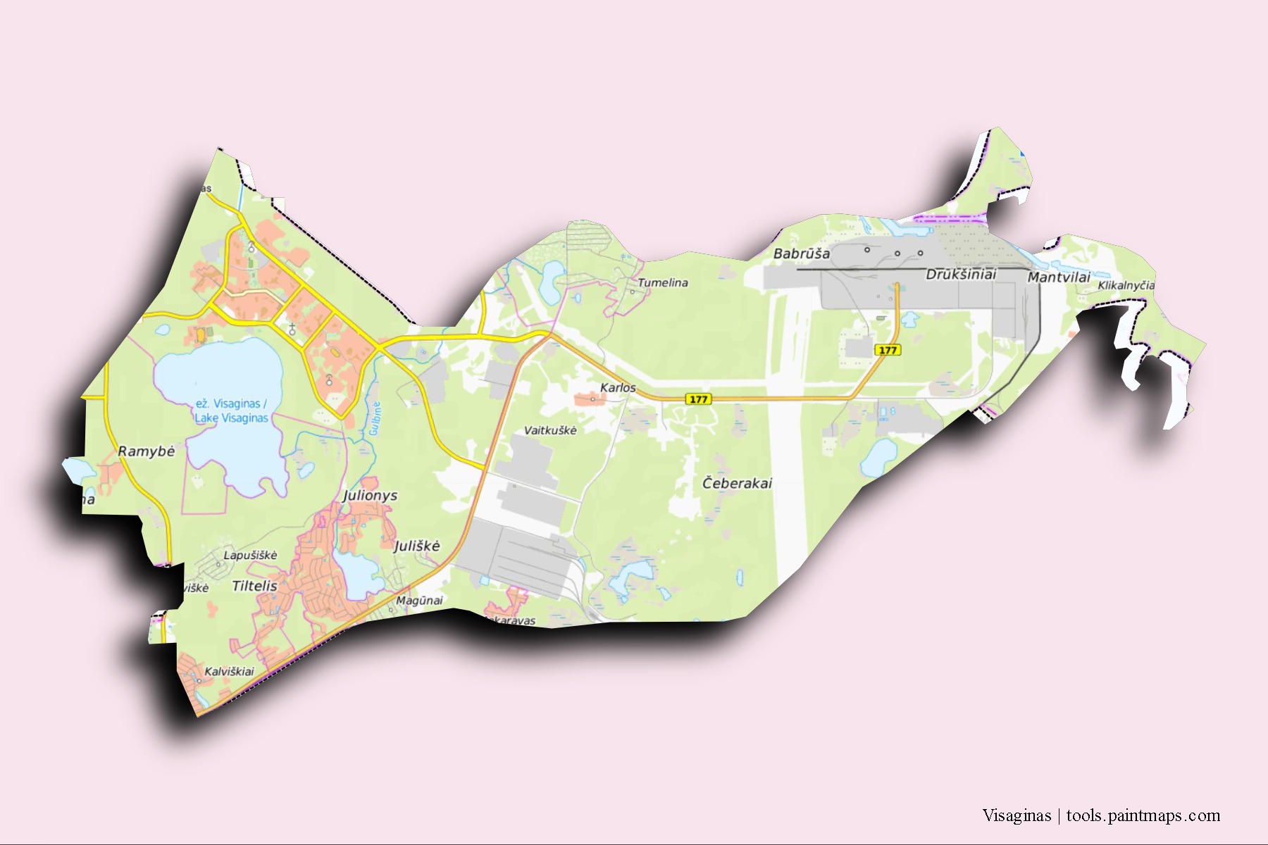 Mapa de barrios y pueblos de Visaginas con efecto de sombra 3D