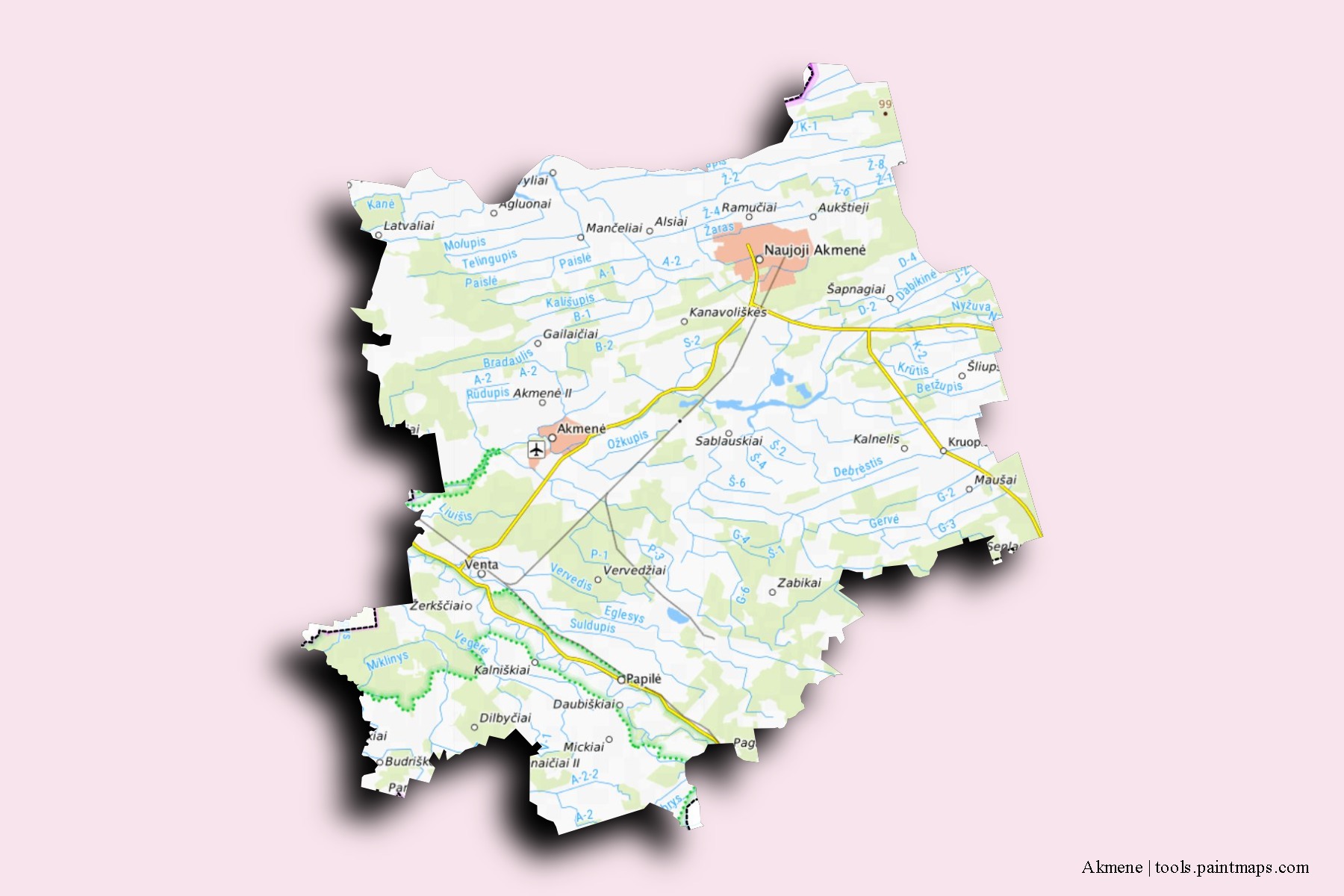 Mapa de barrios y pueblos de Akmene con efecto de sombra 3D